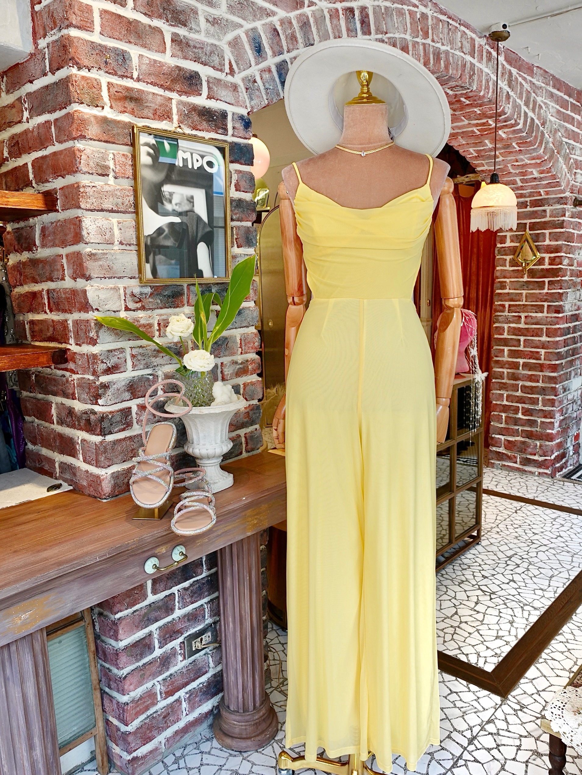 Night Love檸檬黃色網紗垂領連身長寬褲Jumpsuit