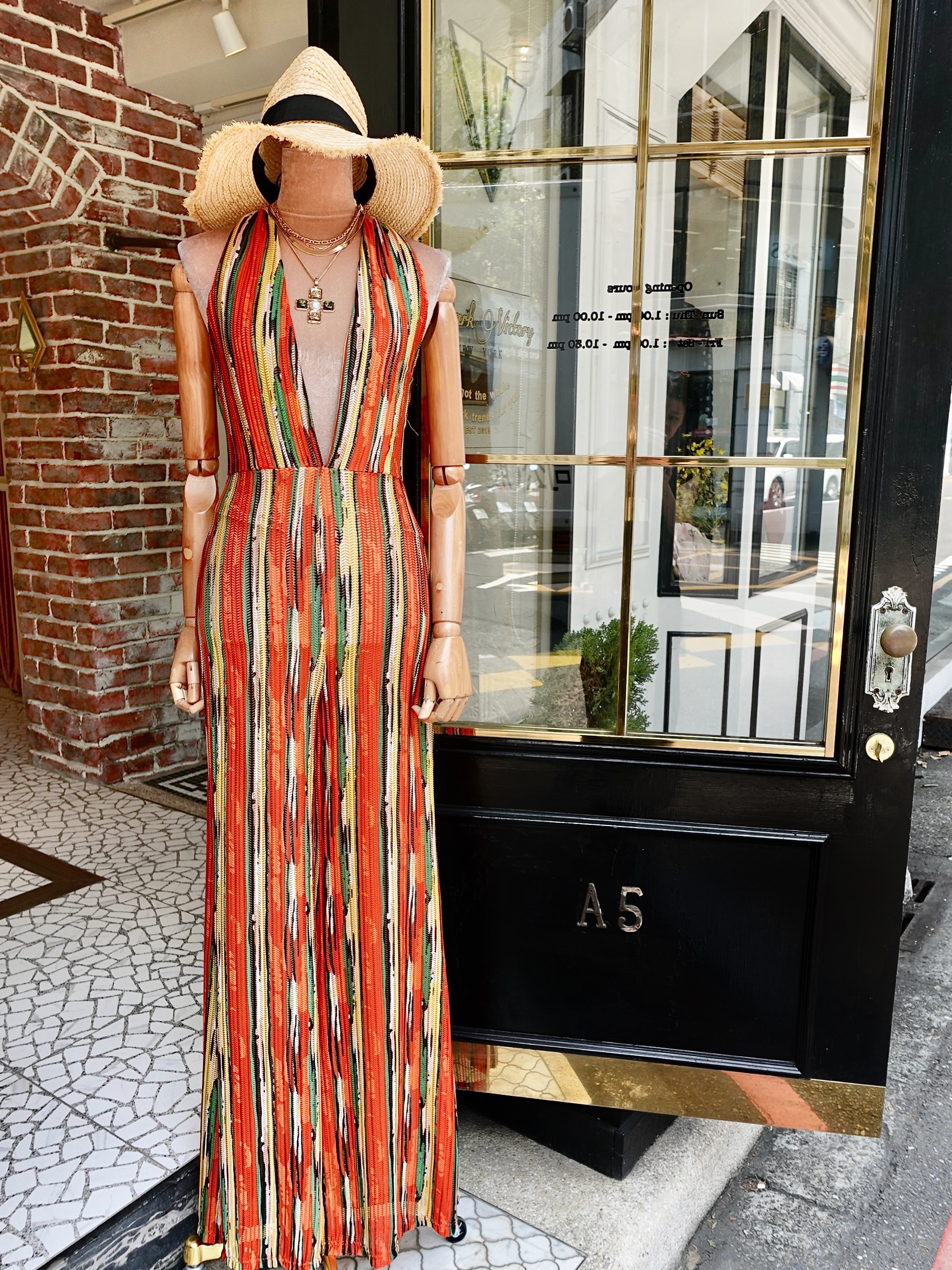 Orange橘紅色條紋深挑洞V領繞脖連身喇叭褲 Jumpsuit