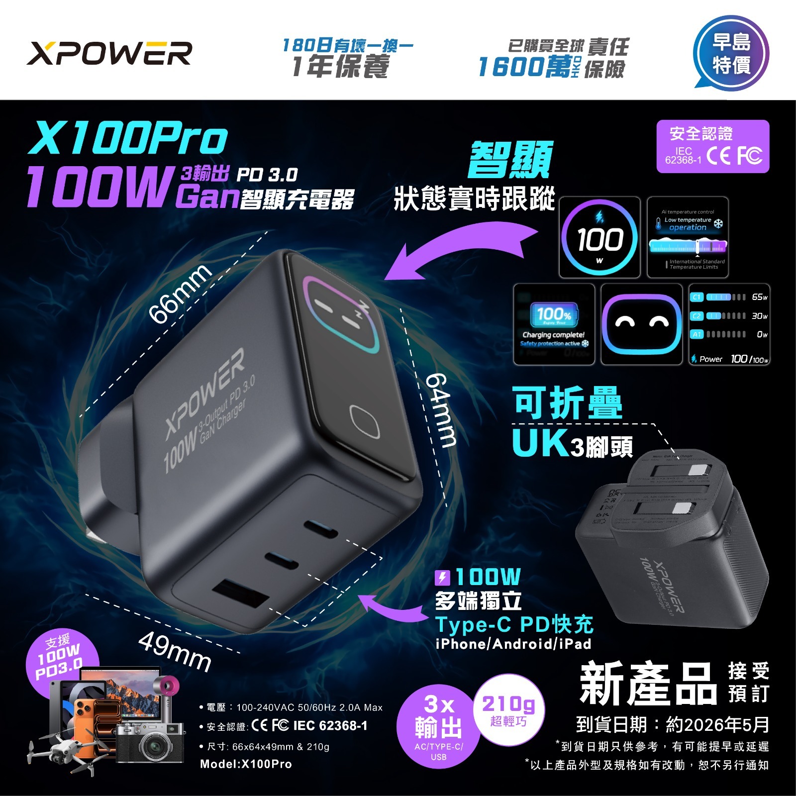 (預售產品)XPower X100Pro 100W GaN 智顯充電器