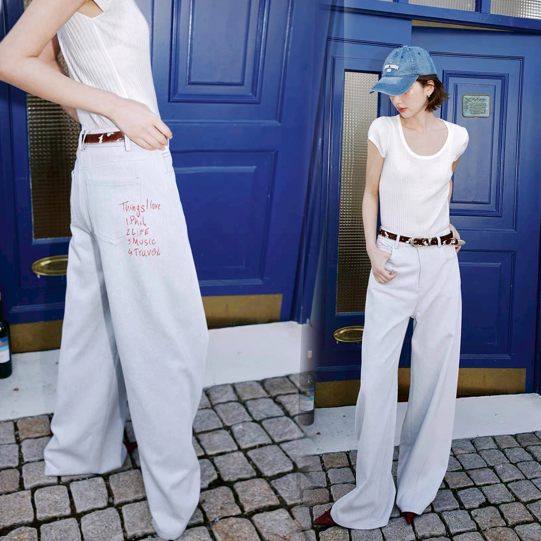 後口袋草寫字母造型淺藍直筒牛仔褲-XS-L (Elegant & Love)