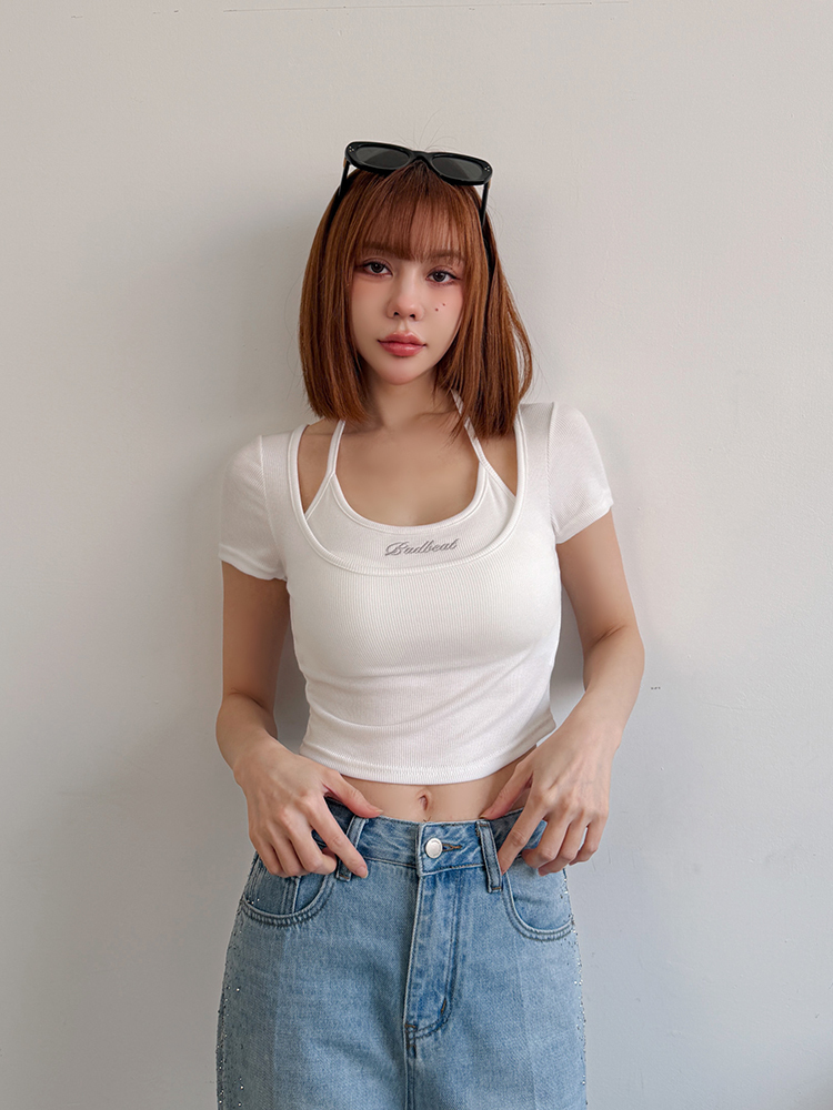 Badbeat品牌刺繡．美式繞脖bra T (3色，有胸墊)