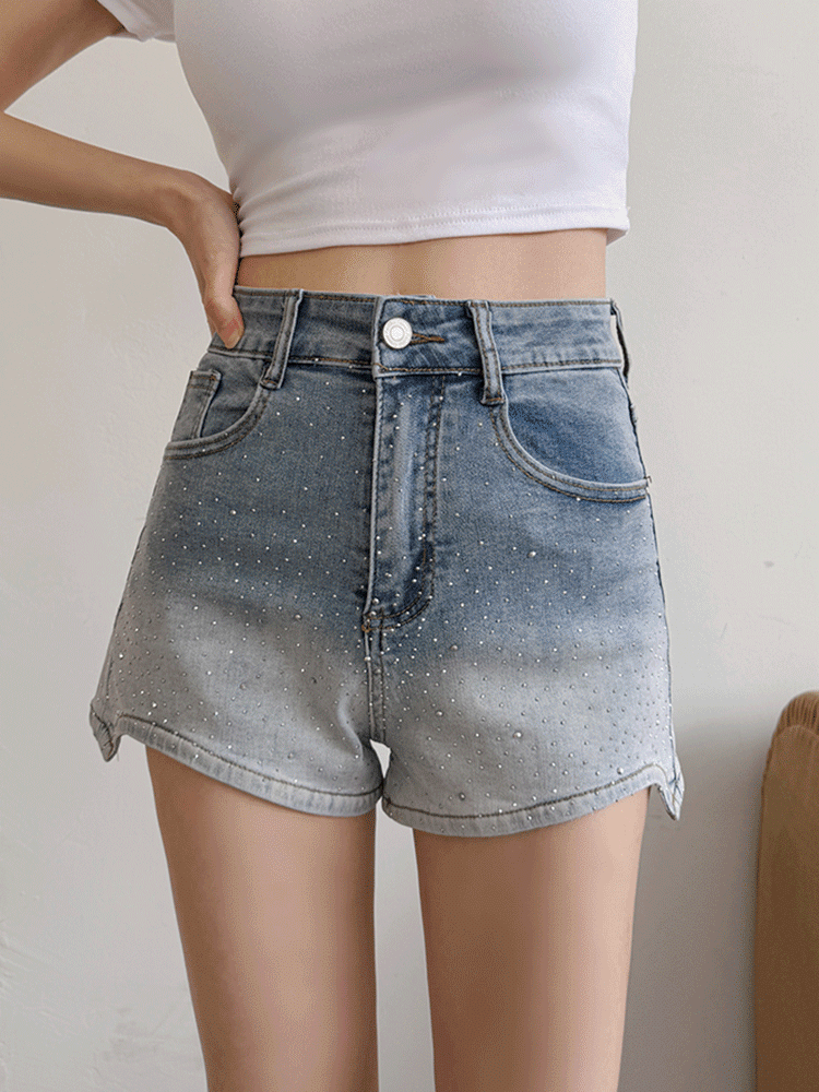 長腿神器！漸層燙鑽挖角短褲(4色，S-XL)