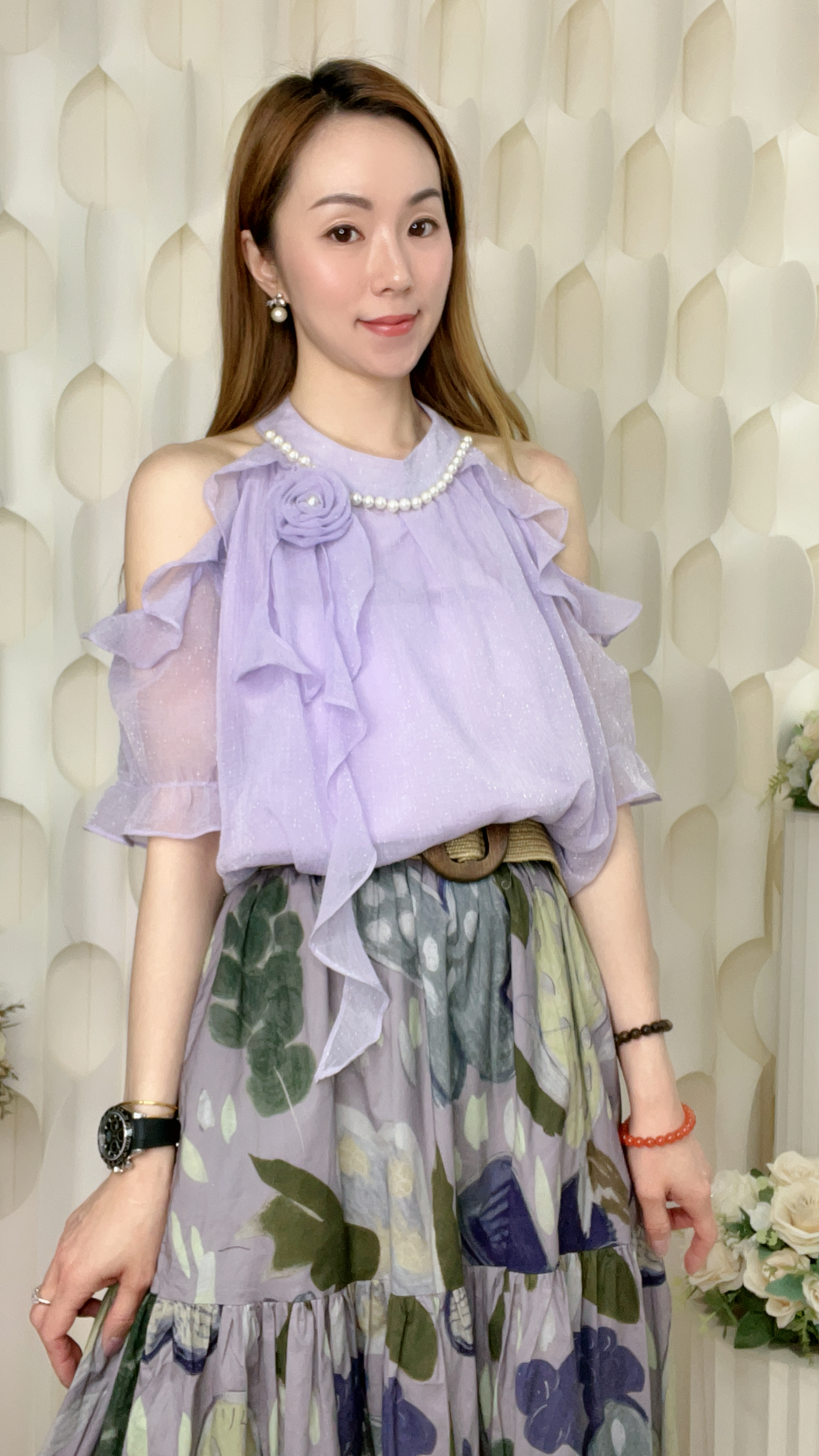 立體花珍珠RUFFLE雪紡上衣(胸44 腰48 長22吋)B6041 #1404clo