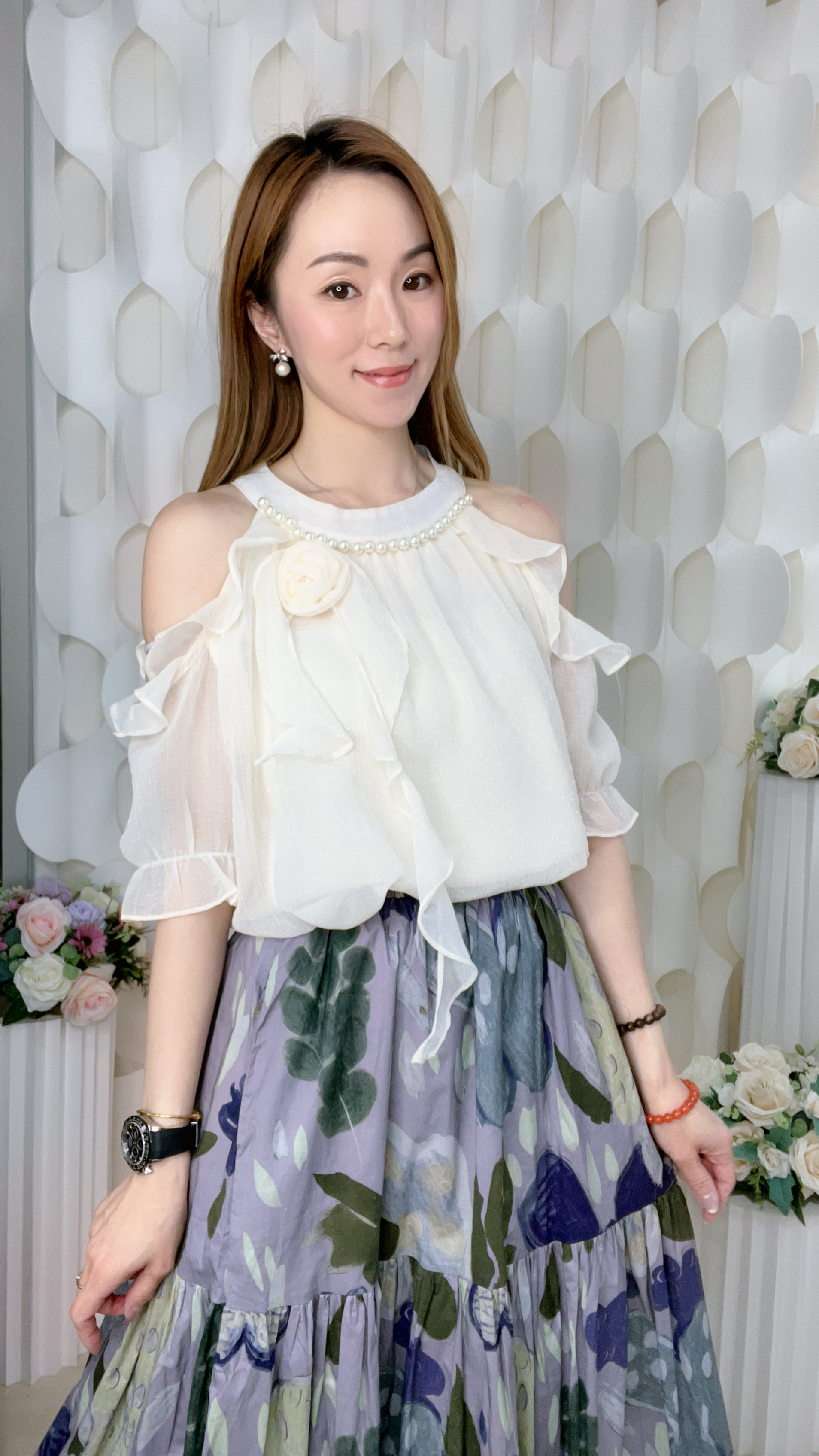 立體花珍珠RUFFLE雪紡上衣(胸44 腰48 長22吋)B6041 #1404clo