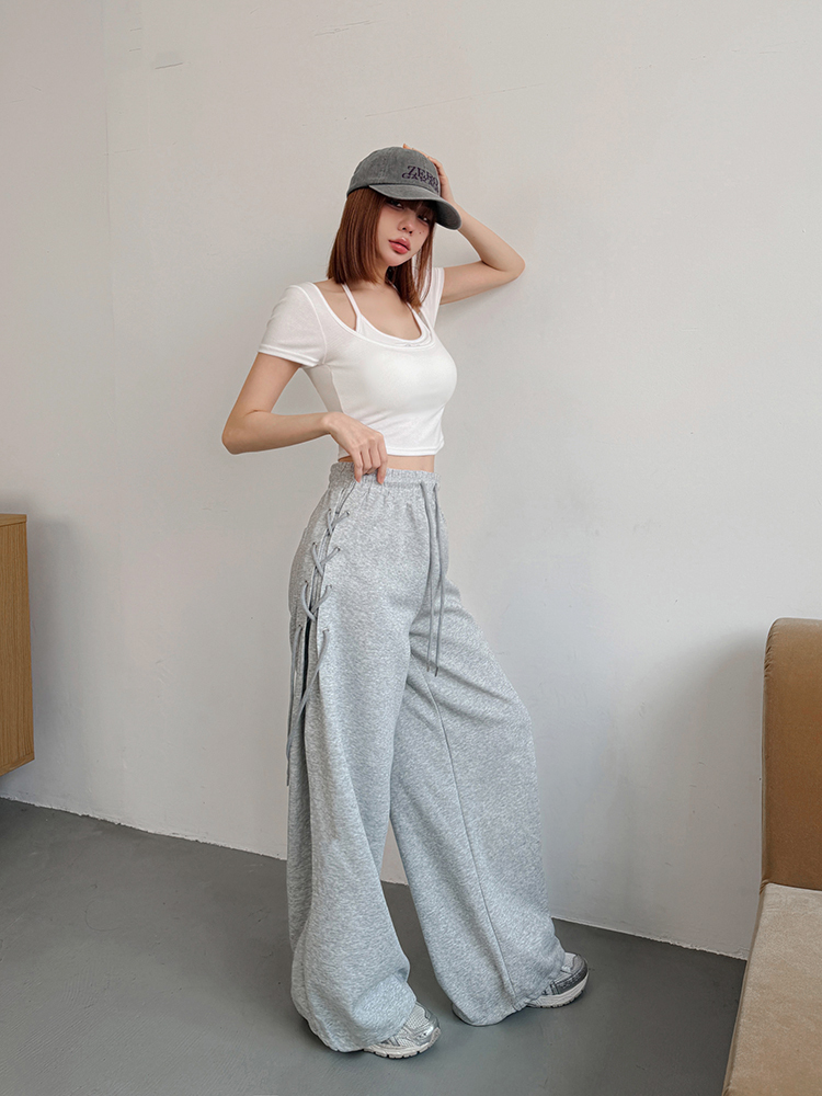 LA休閒 ! 側綁帶落地寬褲 (3色)