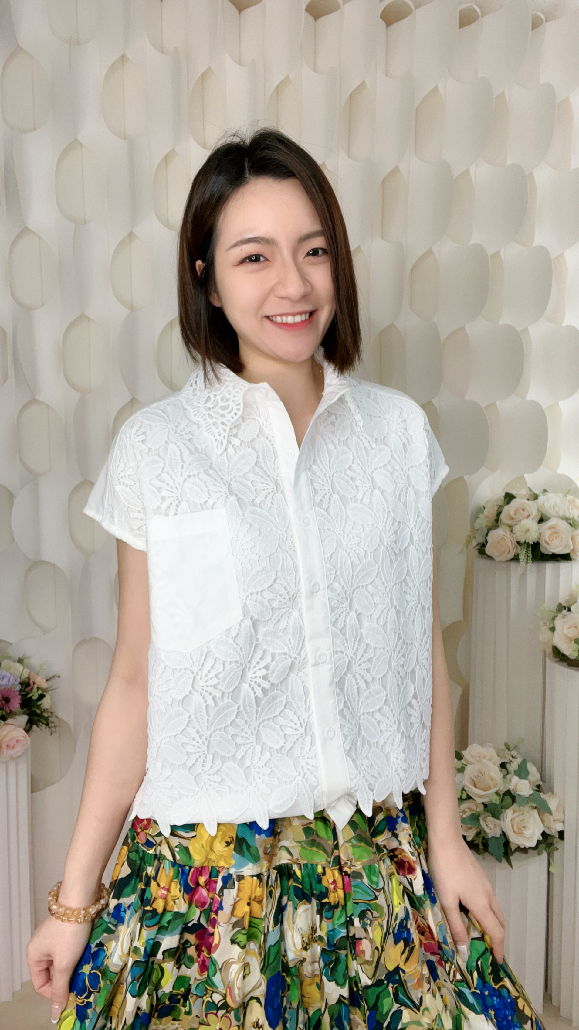 通花恤衫料無袖上衣(胸44 腰44 長22吋)7565 #1404clo