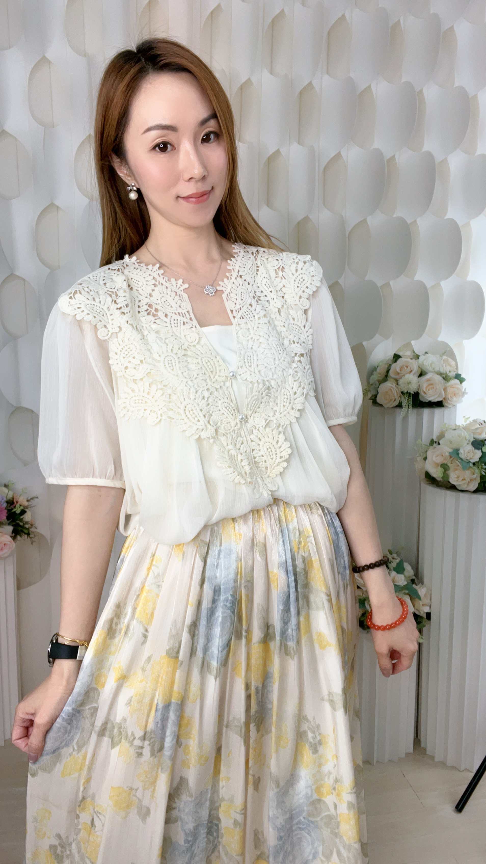 通花珍珠鈕扣雪紡上衣配背心打底(外:40-60 背34吋)3006 #1404clo