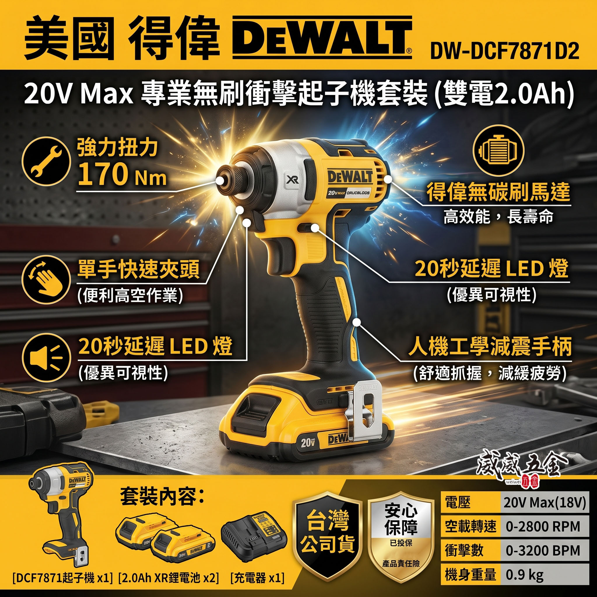 DEWALT 美國 得偉｜20V 無碳刷-經濟版衝擊起子機 充電式電鑽起子機｜DCF7871 空機｜DCF7871D2 全配｜公司貨 DCF7871D2T