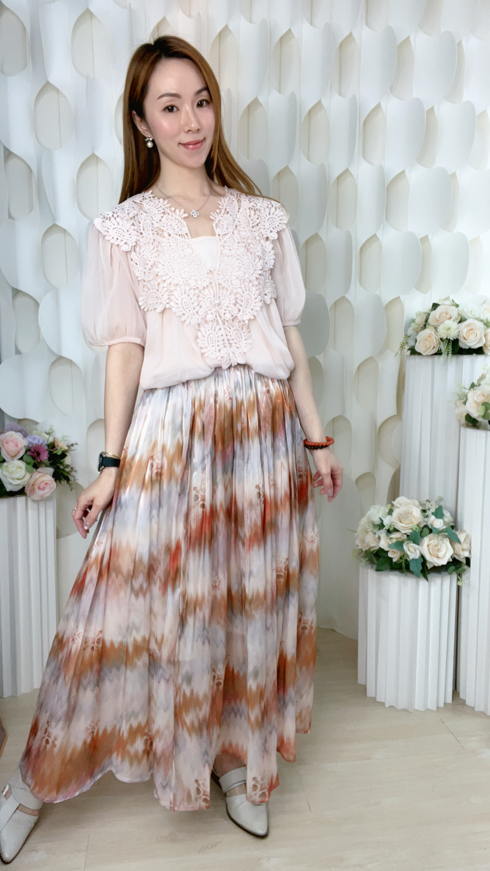 45%絲質橡筋腰水彩印花半截裙(腰24-40 臀54 長34吋 )3860 #1404clo