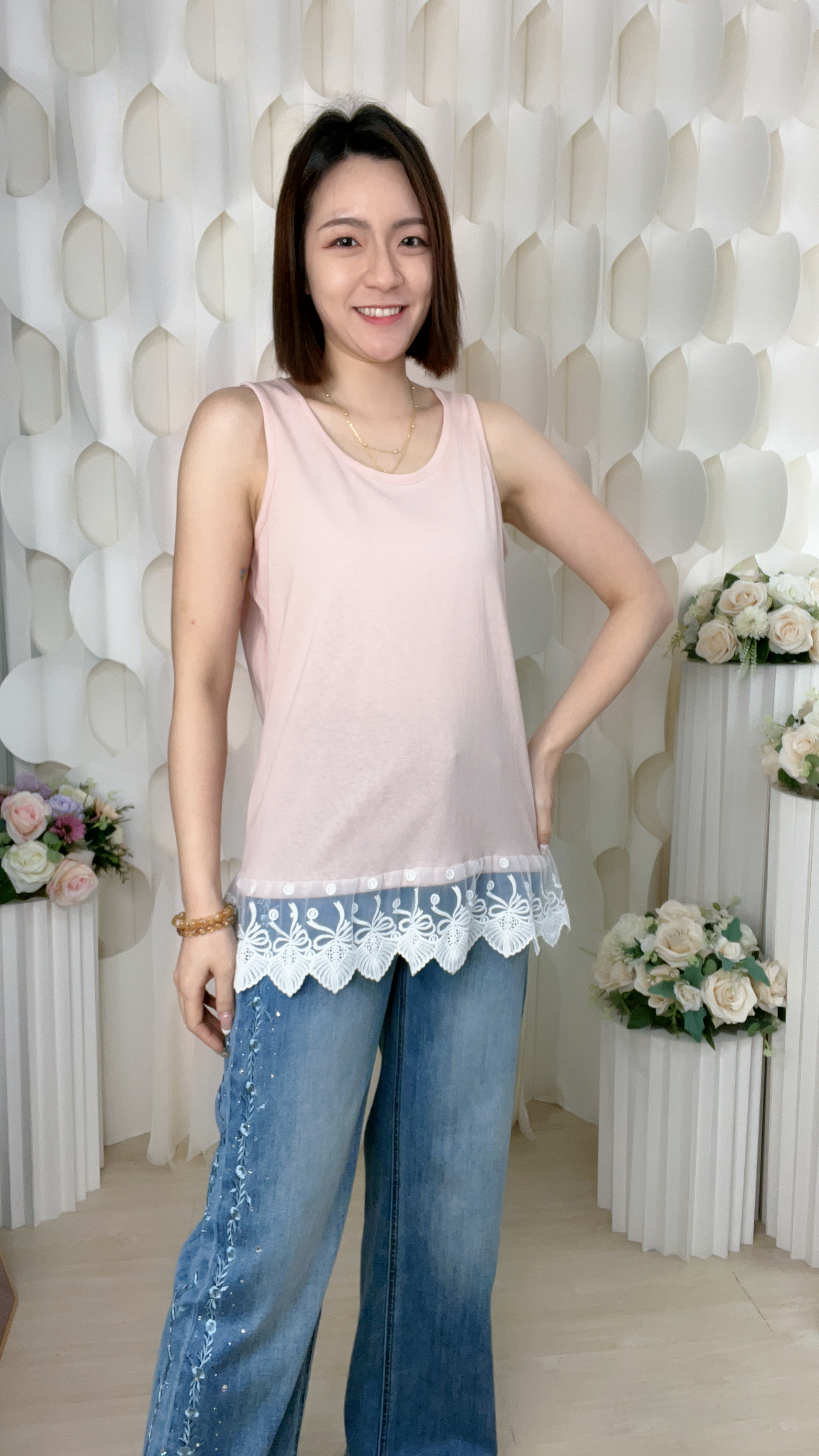 棉質背心拼雪紗下擺上衣(胸36-44 腰36-44 長27吋)V5185 #1404clo