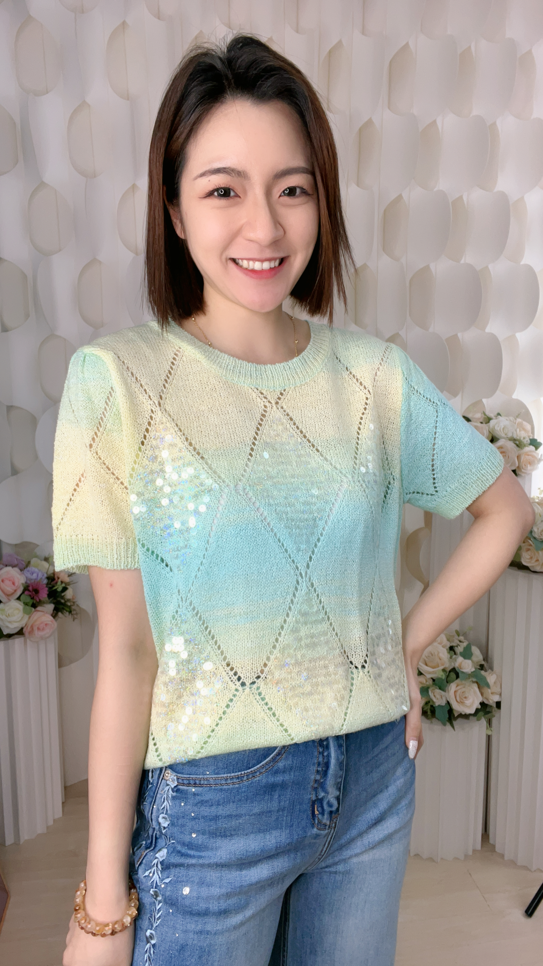 漸變菱格珠片線仔上衣(胸40-50 腰40-48 長21吋)7562 #1404clo