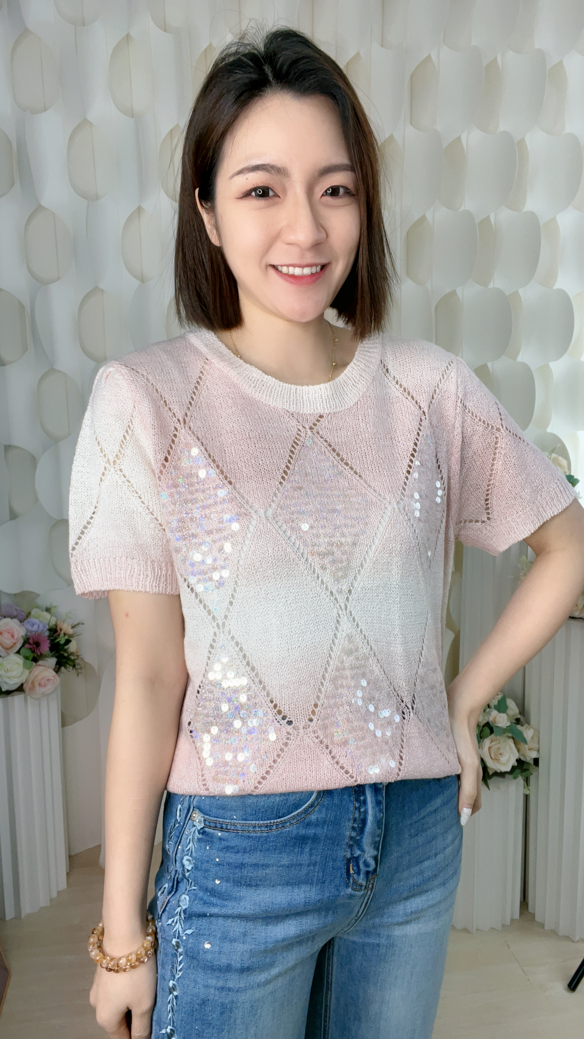 漸變菱格珠片線仔上衣(胸40-50 腰40-48 長21吋)7562 #1404clo