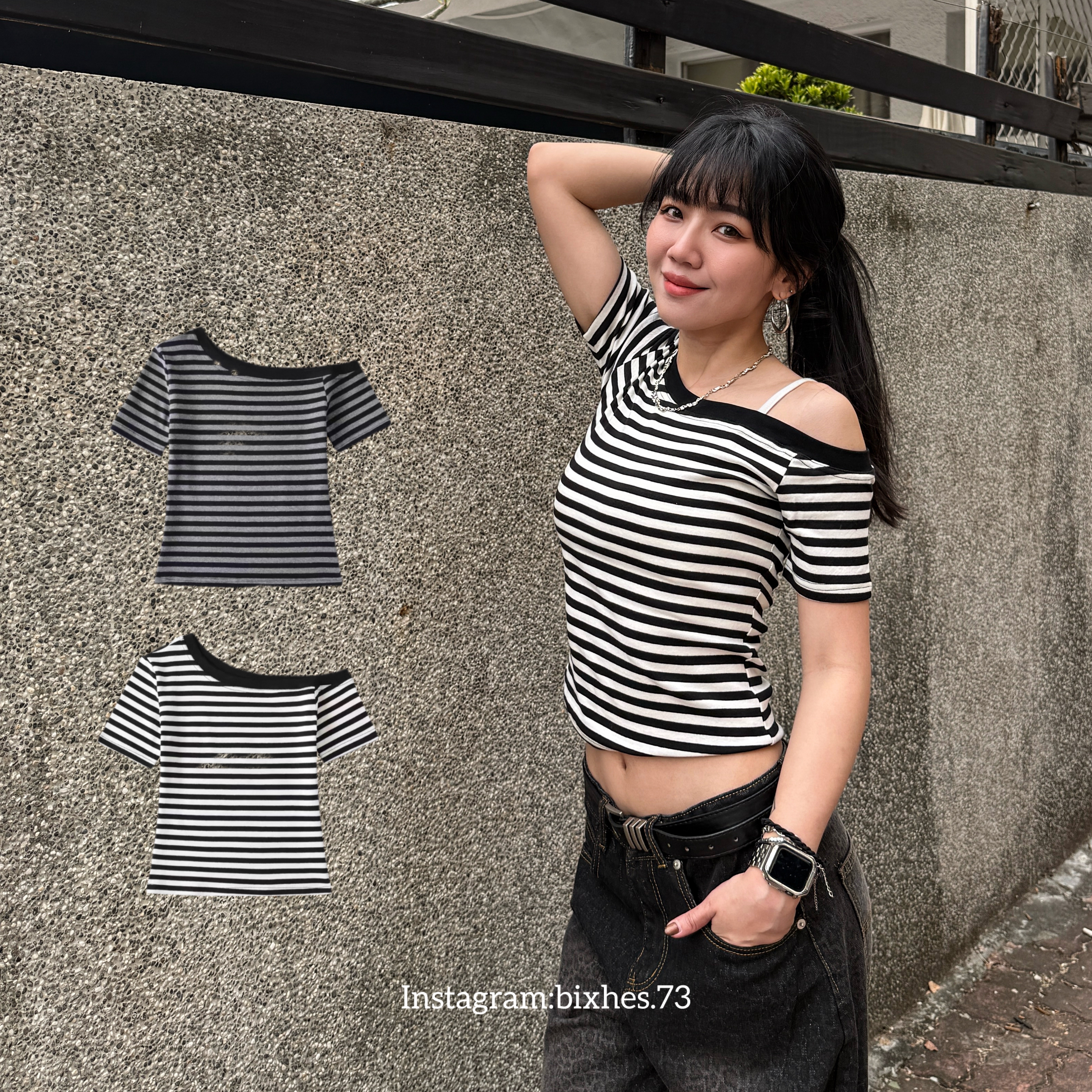 條紋斜肩短版短T(A00021)