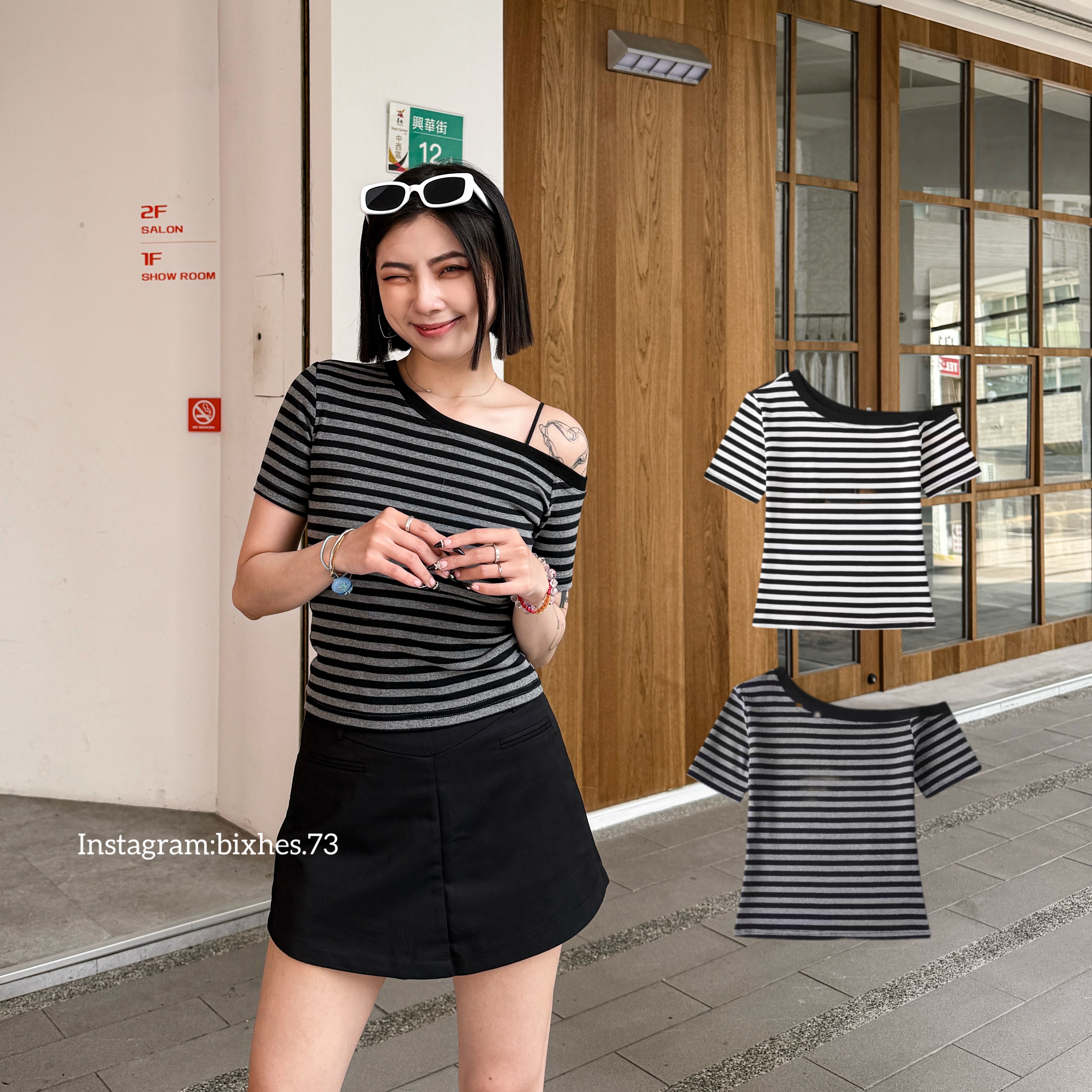 條紋斜肩短版短T(A00021)