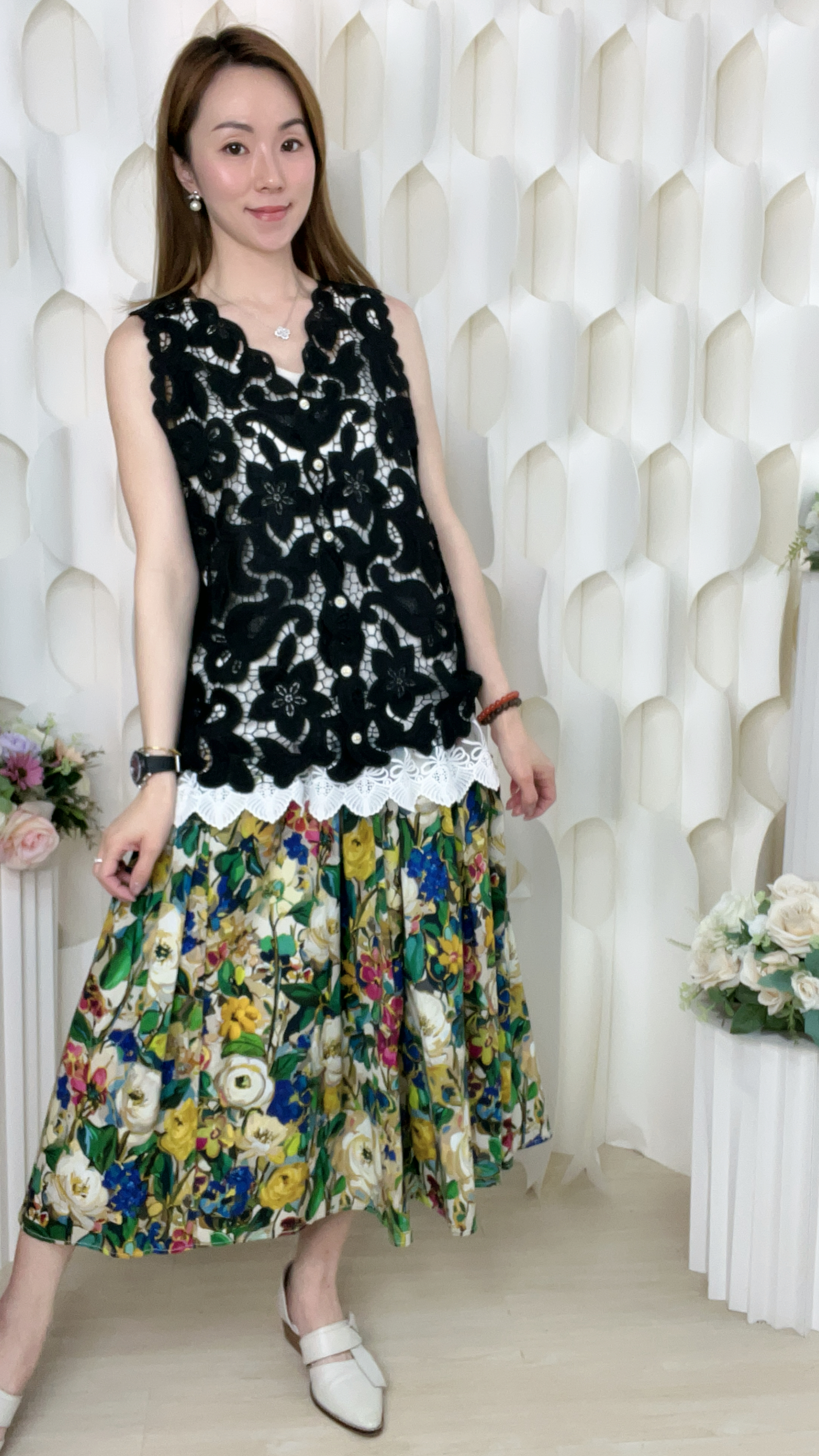 橡筋腰油彩花花梭織半截裙(腰26-44 臀44 長31吋 )3837 #1404clo