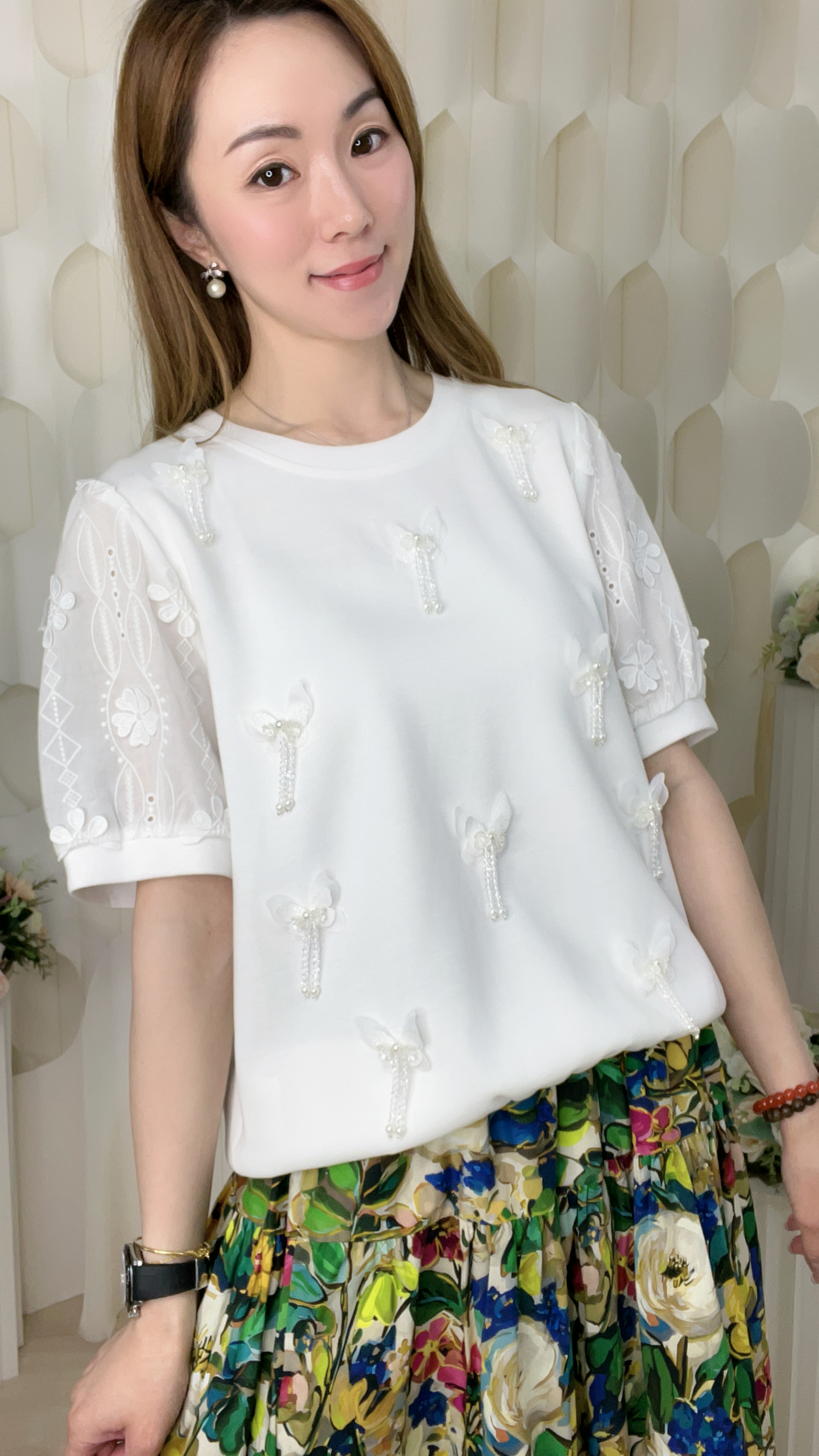 蝴蝶珠珠凸花滑棉拼通花上衣(胸40 腰40 長23吋)7554 #1404clo