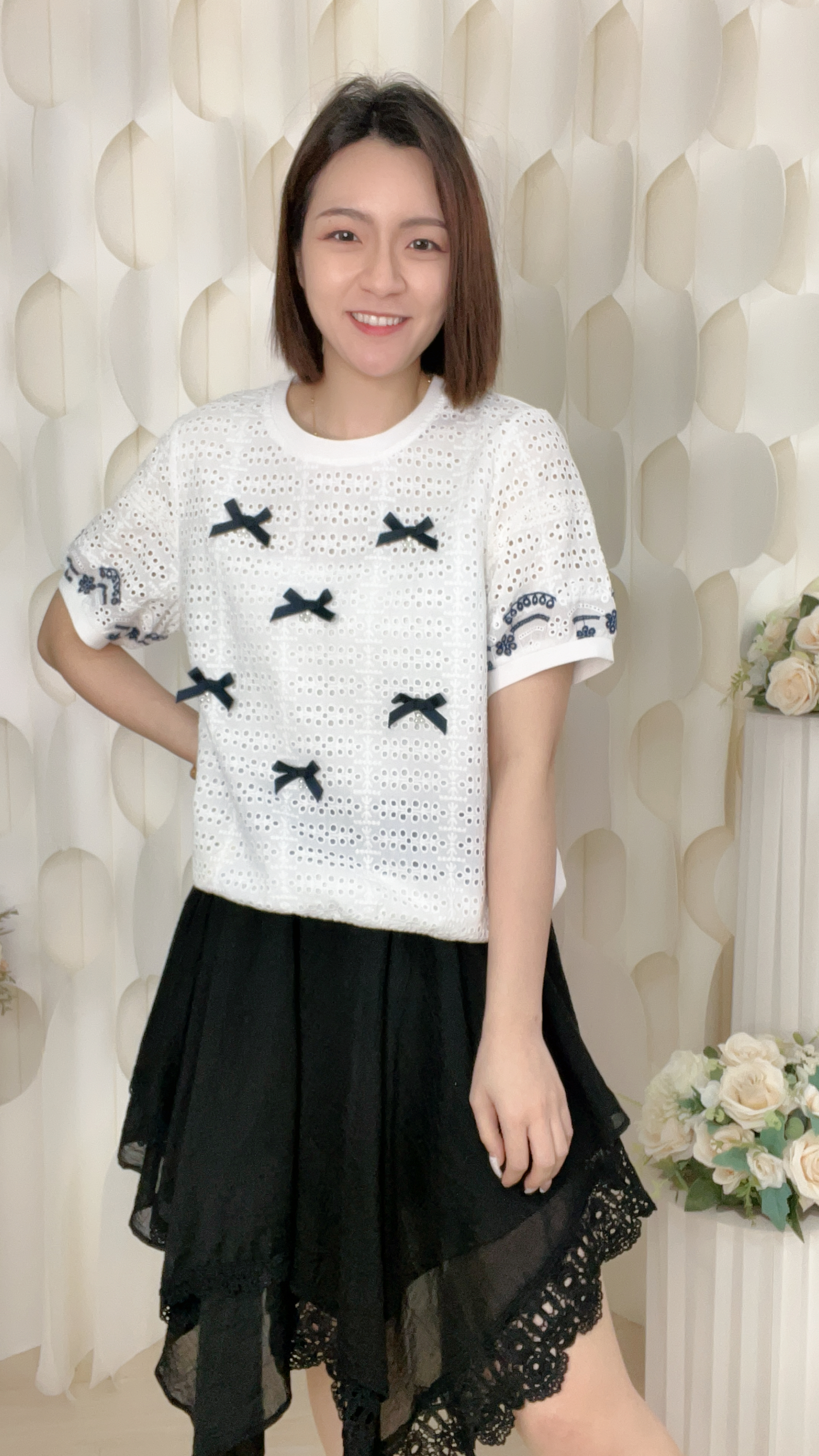 蝴蝶結鏤空針織拼滑棉上衣(胸40 腰40 長22吋)7591 #1404clo