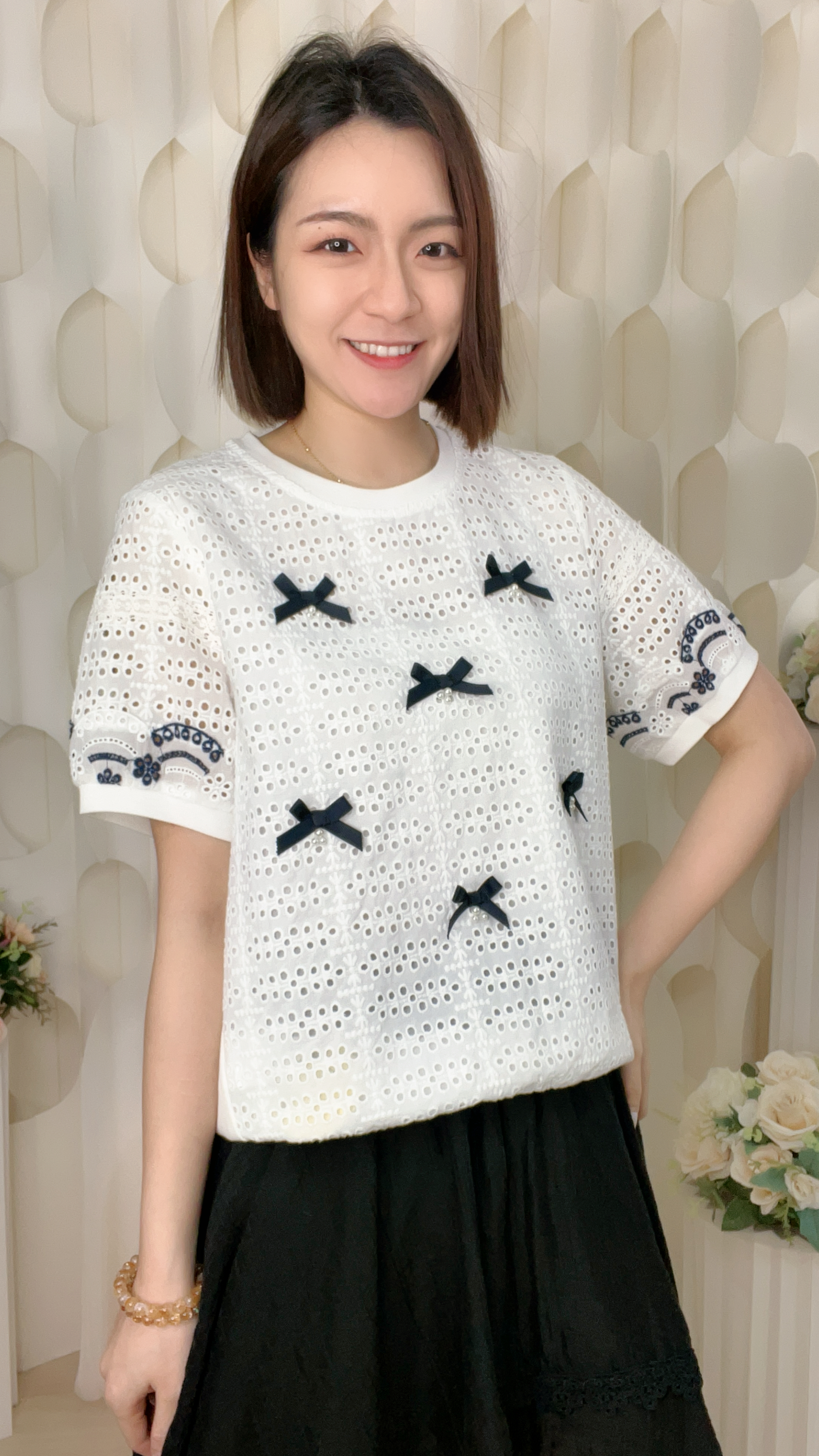 蝴蝶結鏤空針織拼滑棉上衣(胸40 腰40 長22吋)7591 #1404clo