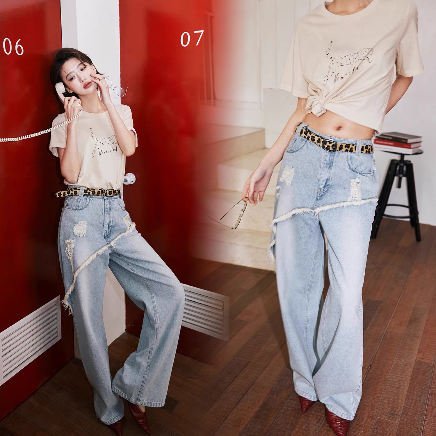 斜切抽鬚裙擺造型淺藍直筒牛仔褲-XS-L (Elegant & Love)