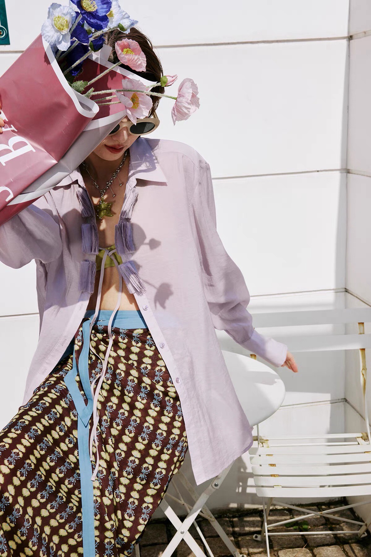 薰衣草紫壓摺綁帶造型翻領上衣罩衫-XS-M (Elegant & Love)