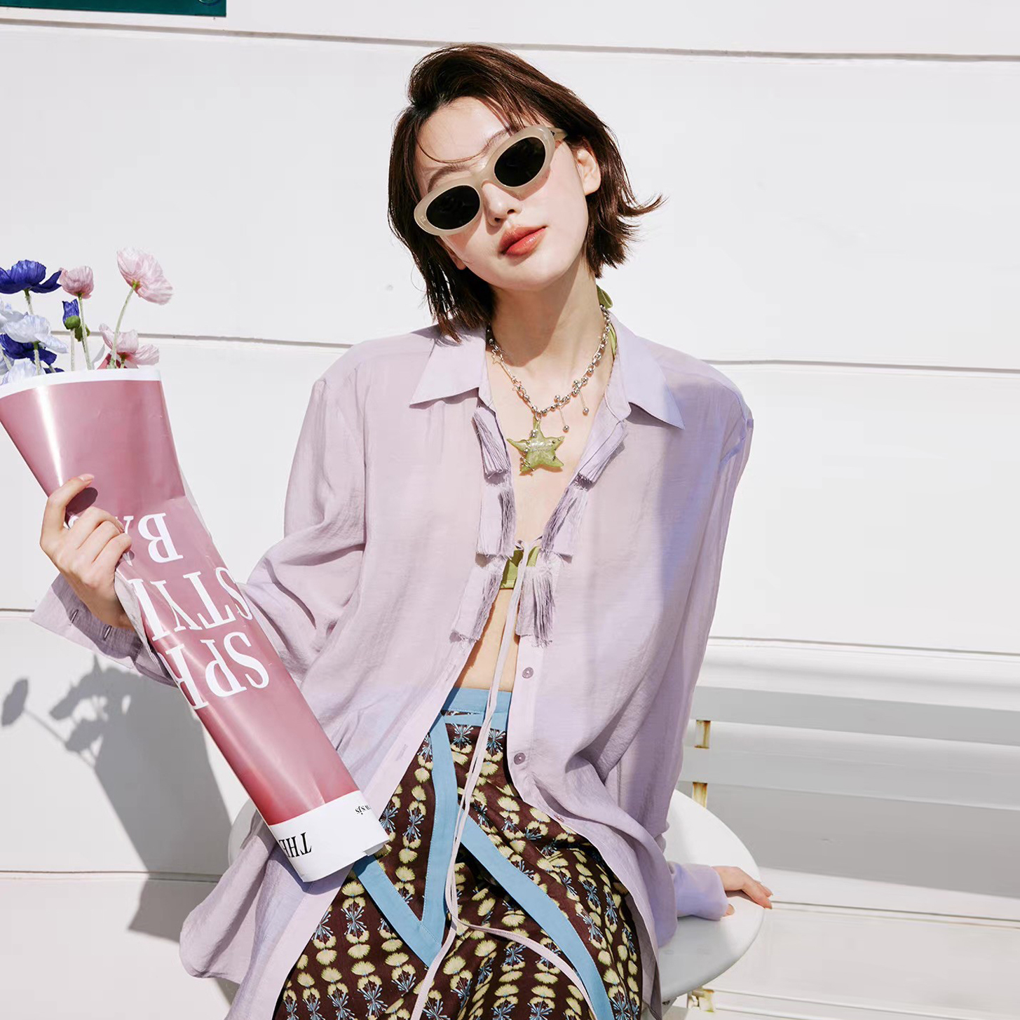 薰衣草紫壓摺綁帶造型翻領上衣罩衫-XS-M (Elegant & Love)