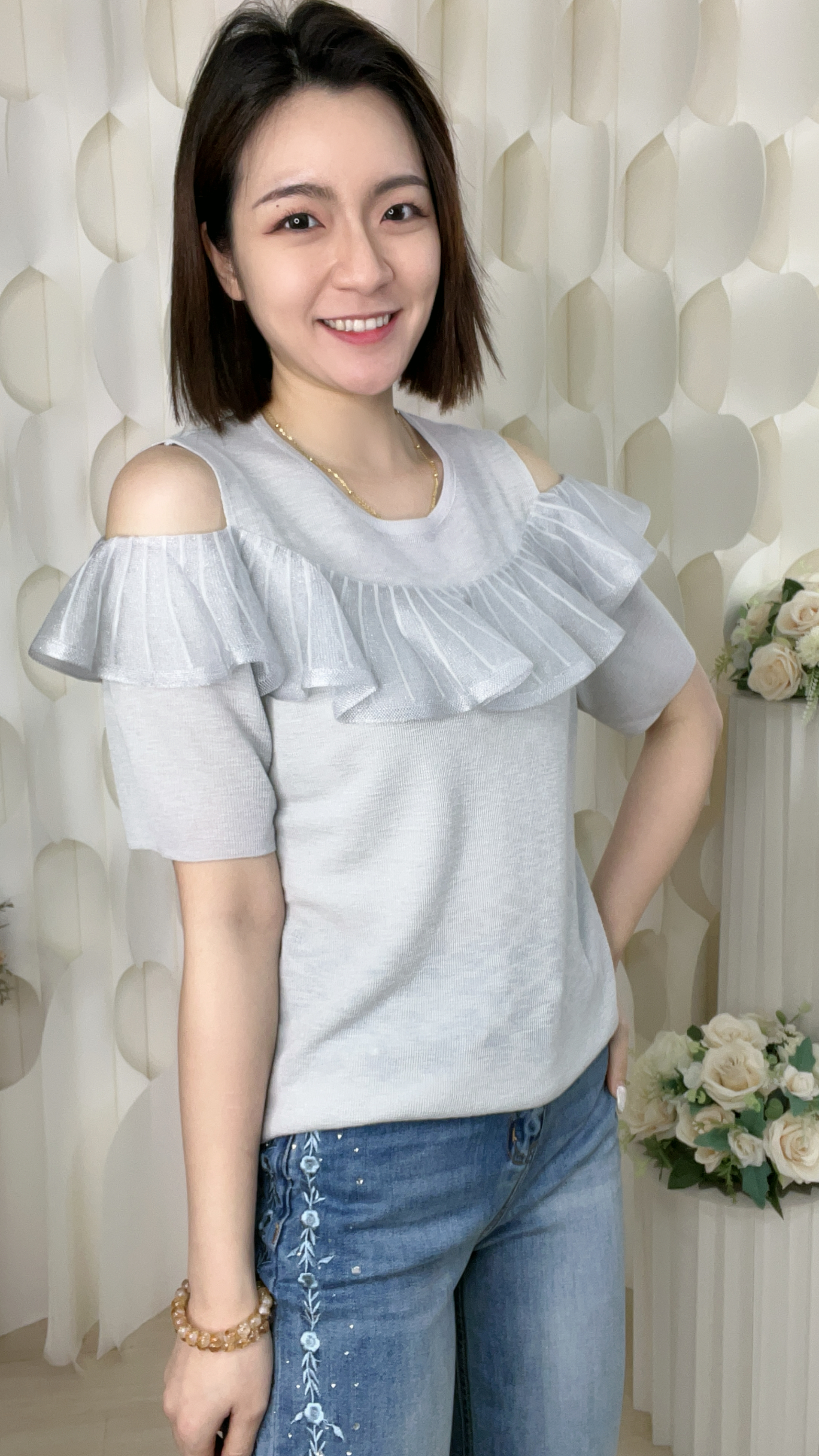 30%蠶絲混棉線露肩RUFFLE上衣(胸36-48 腰34-46 長24吋)2017 #1404clo