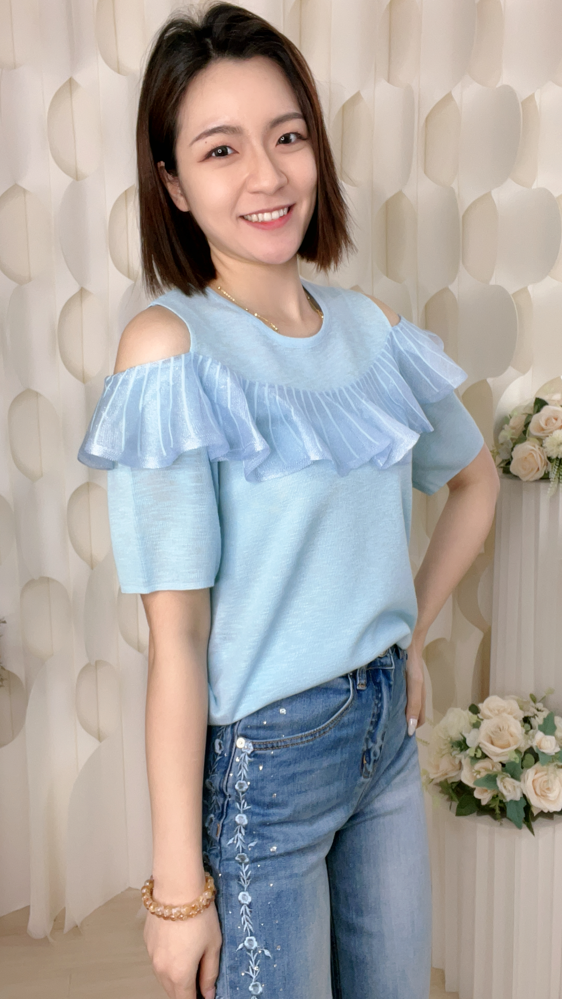 30%蠶絲混棉線露肩RUFFLE上衣(胸36-48 腰34-46 長24吋)2017 #1404clo