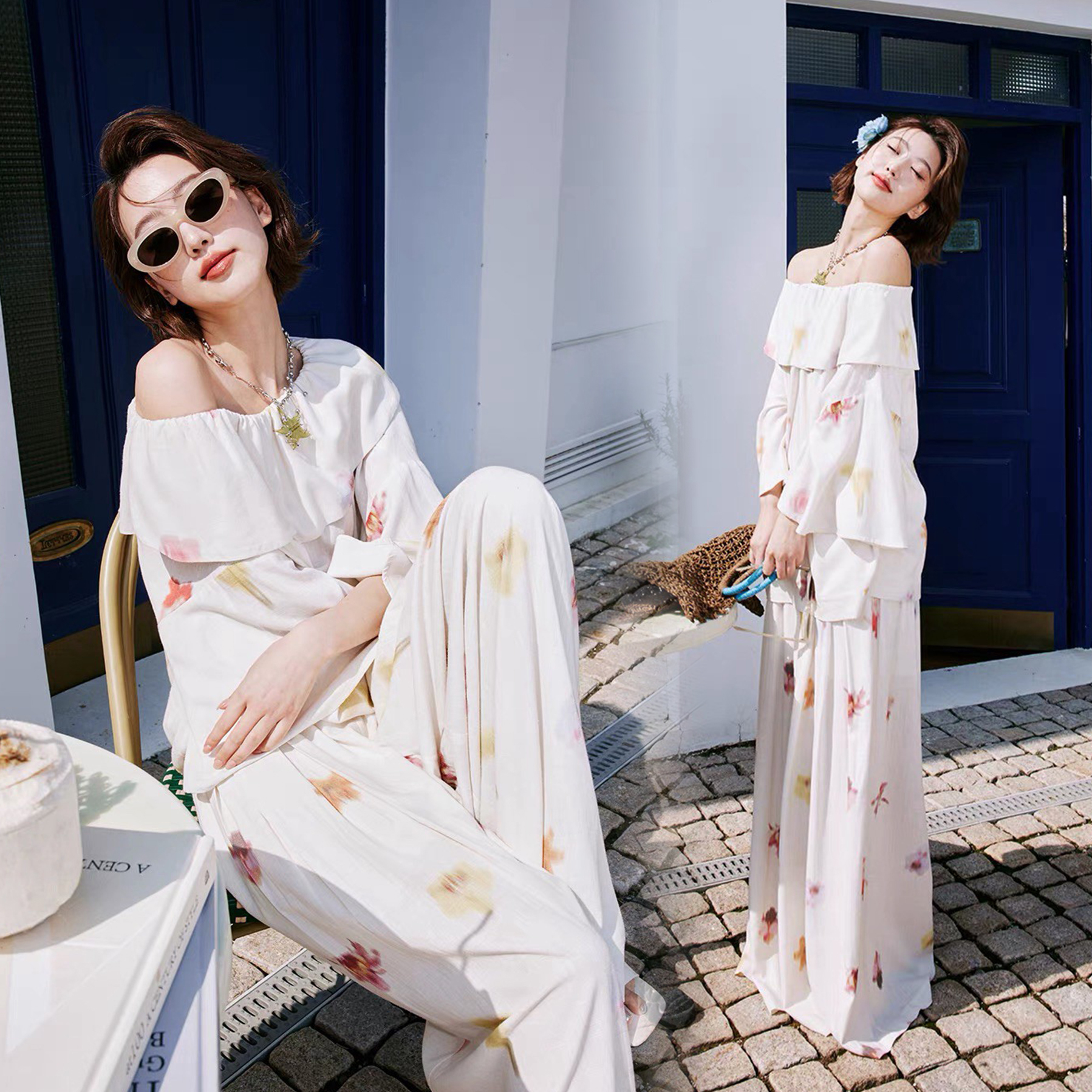 彩色花朵暈染感一字領上衣+長褲SET-XS-M (Elegant & Love)