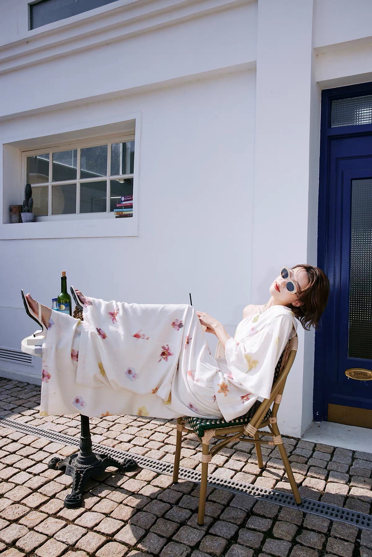 彩色花朵暈染感一字領上衣+長褲SET-XS-M (Elegant & Love)