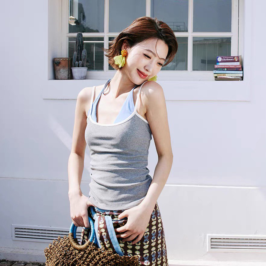 細肩帶滾邊背心+繞脖綁帶比基尼BraTop-XS-L / 2色 (Elegant & Love)