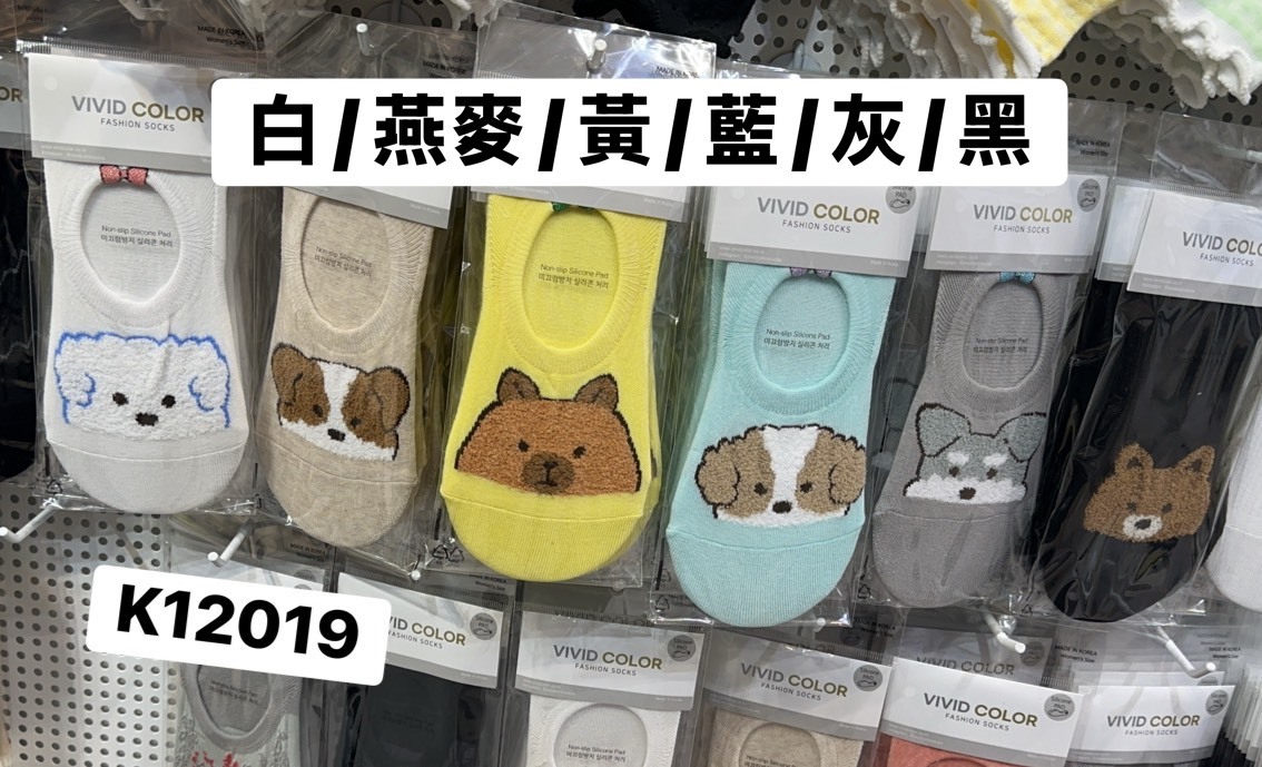 K12019毛茸茸狗狗頭圖案襪(白'燕麥'黃'藍'灰'黑)