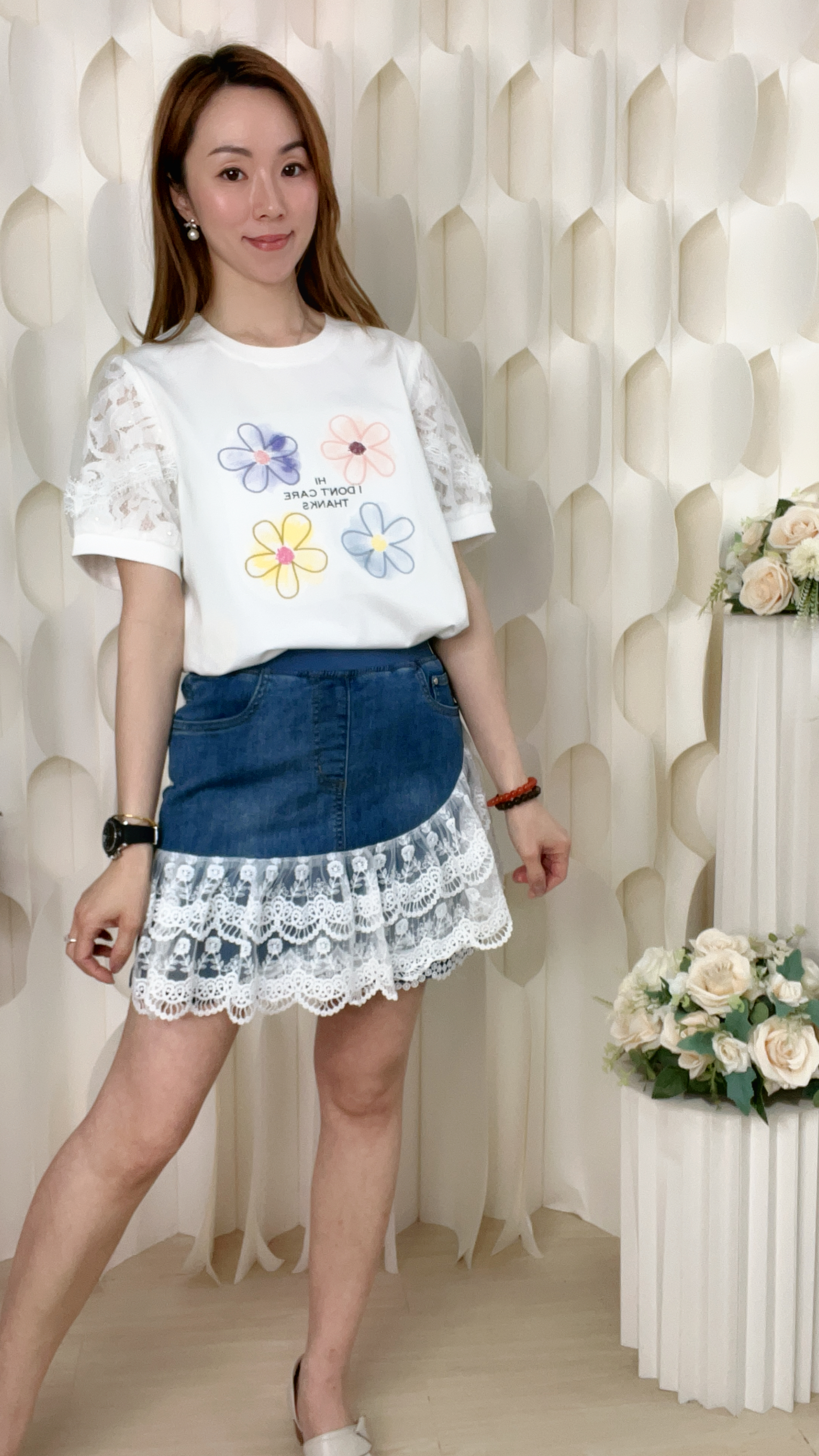 LACE拼牛仔棉橡筋腰半截裙(腰/S:26-28/M:28-30/L:30-32/XL:32-34/XXL:34-36/XXXL:36-38吋)3823 #1404clo