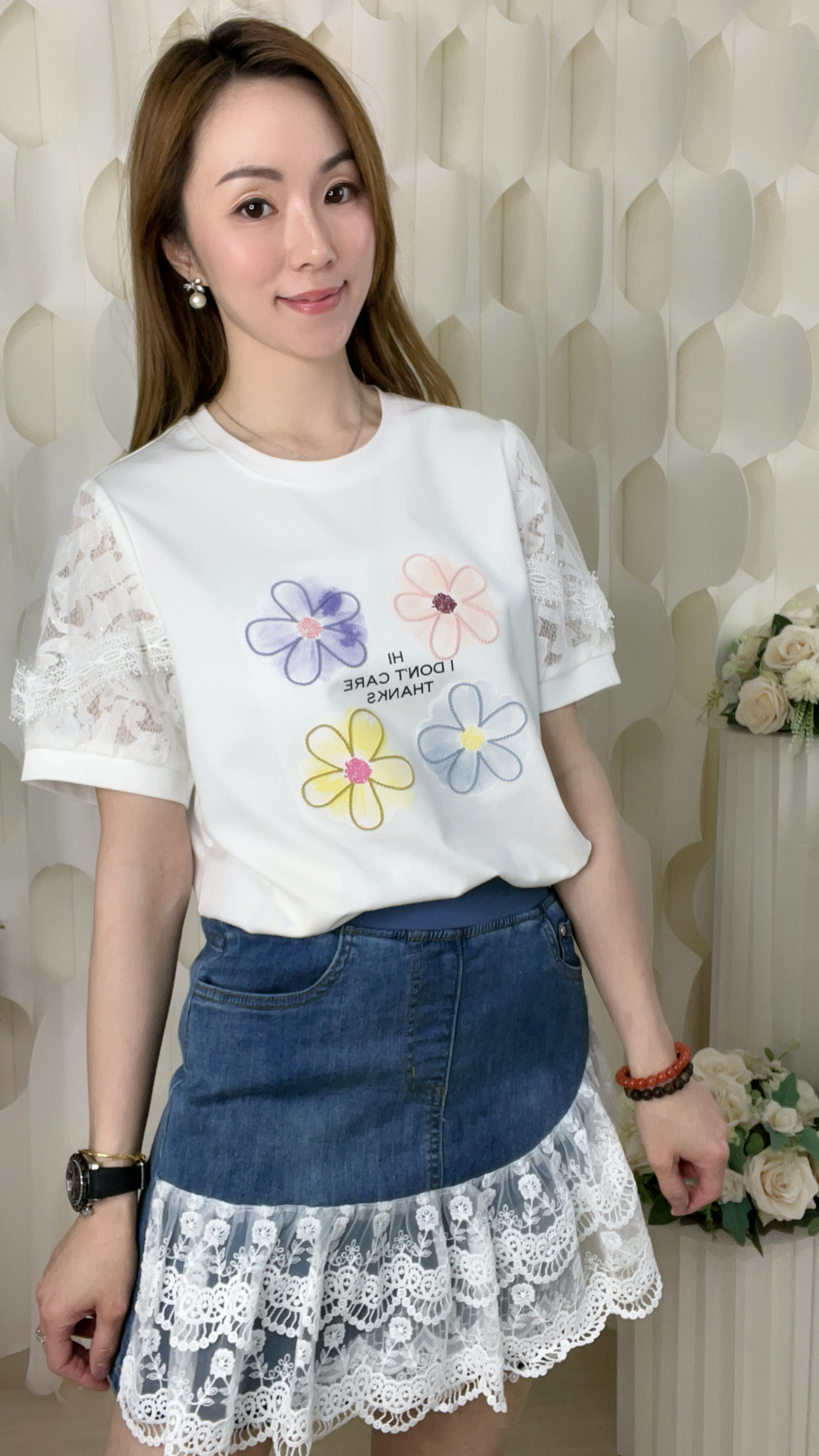 閃石花花LACE紗網拼滑棉上衣(胸40 腰36 長24吋)7427 #1404clo