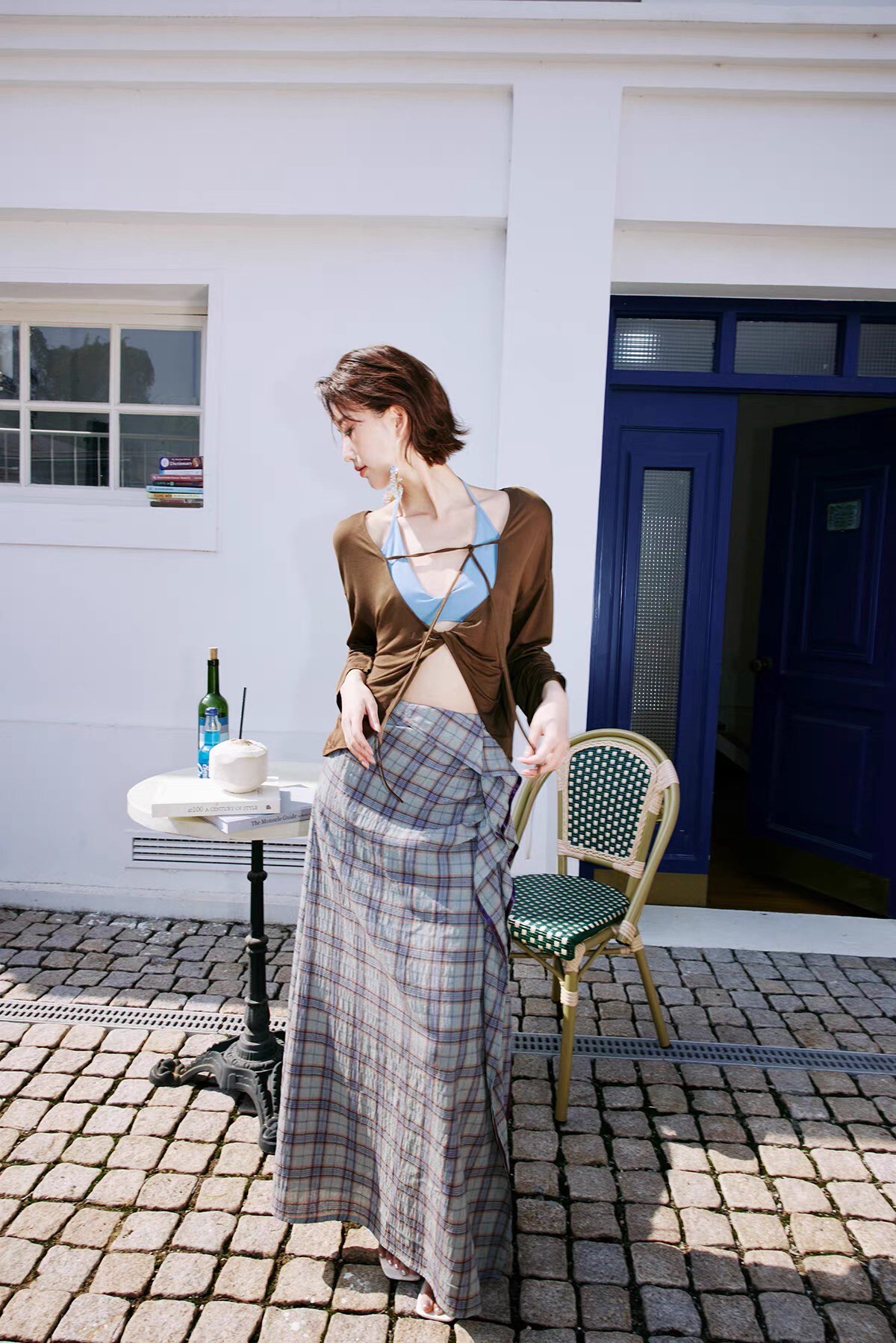 配色格紋側荷葉滾邊造型鉛筆長裙-XS-L (Elegant & Love)