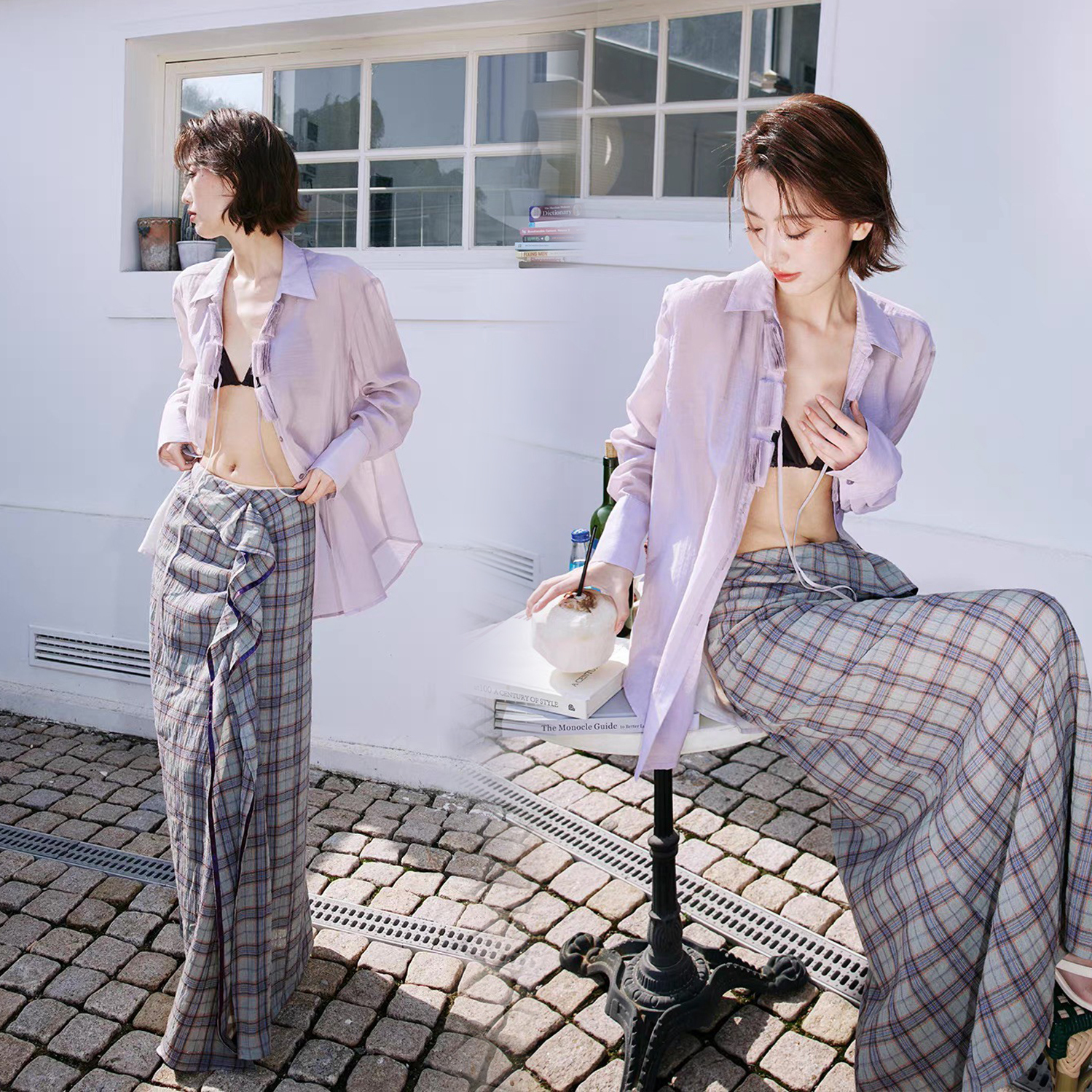 配色格紋側荷葉滾邊造型鉛筆長裙-XS-L (Elegant & Love)