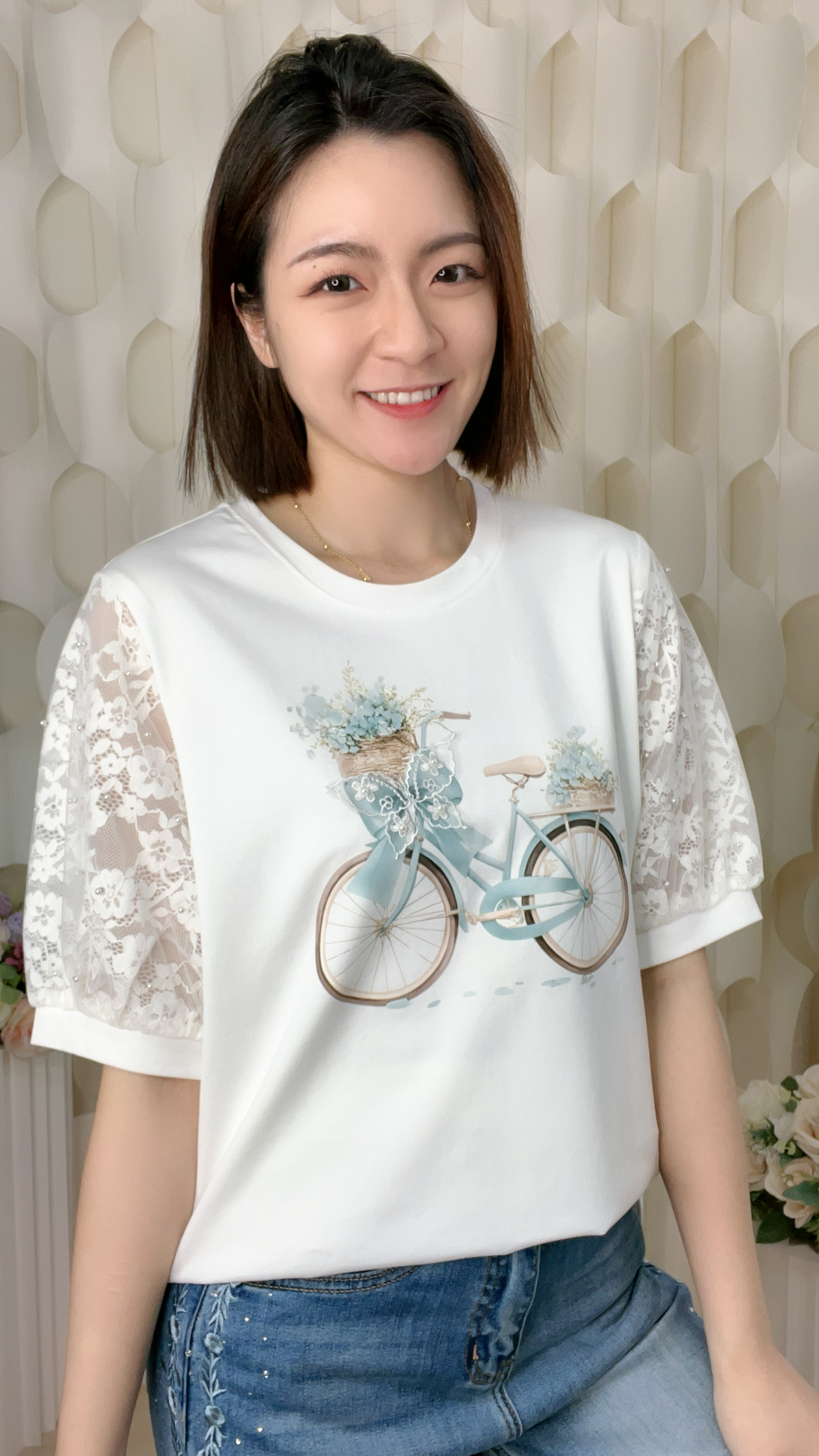 單車圖案LACE紗網拼滑棉上衣(胸40-44 腰40-44 長23吋)2013 #1404clo