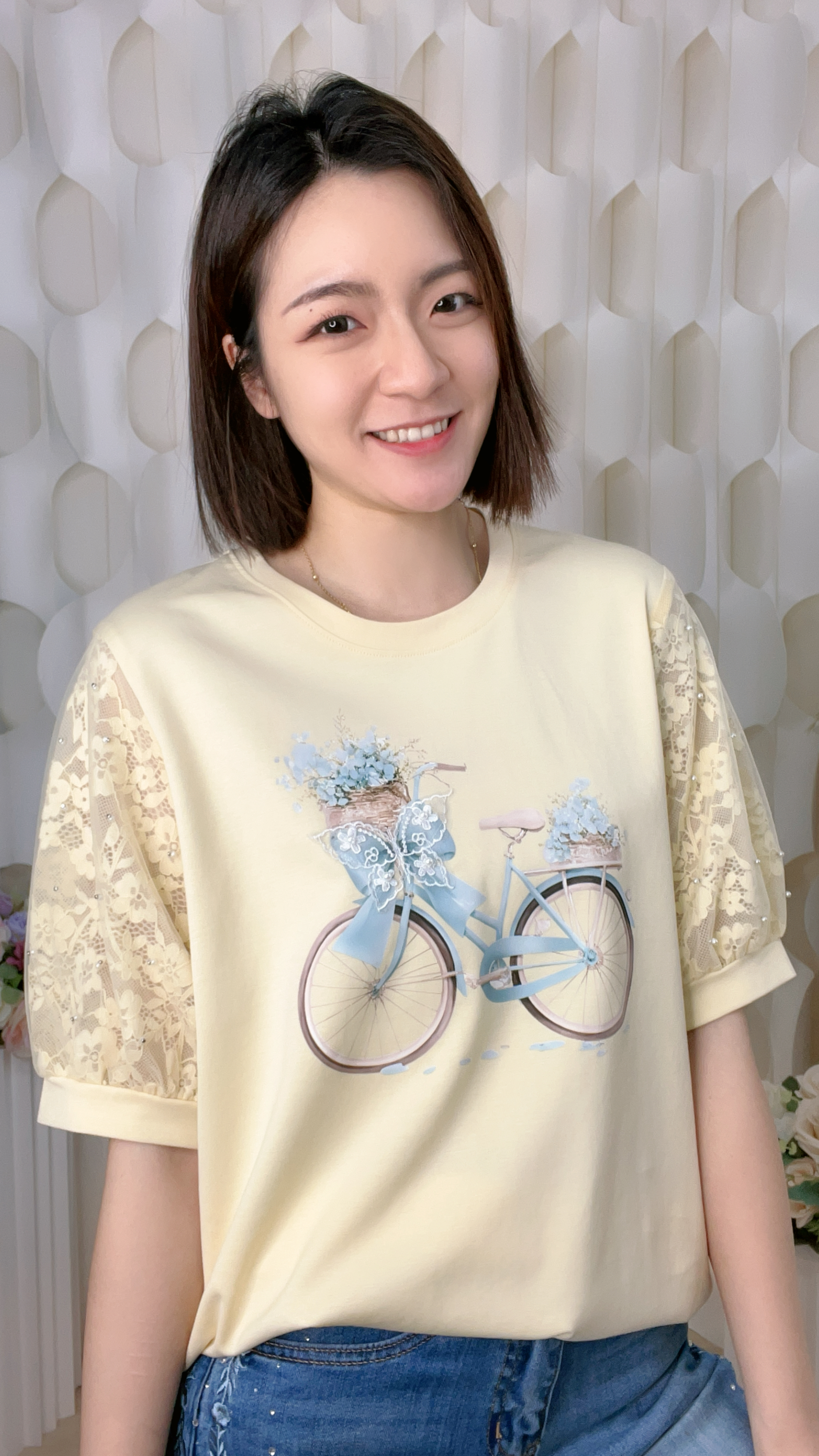 單車圖案LACE紗網拼滑棉上衣(胸40-44 腰40-44 長23吋)2013 #1404clo