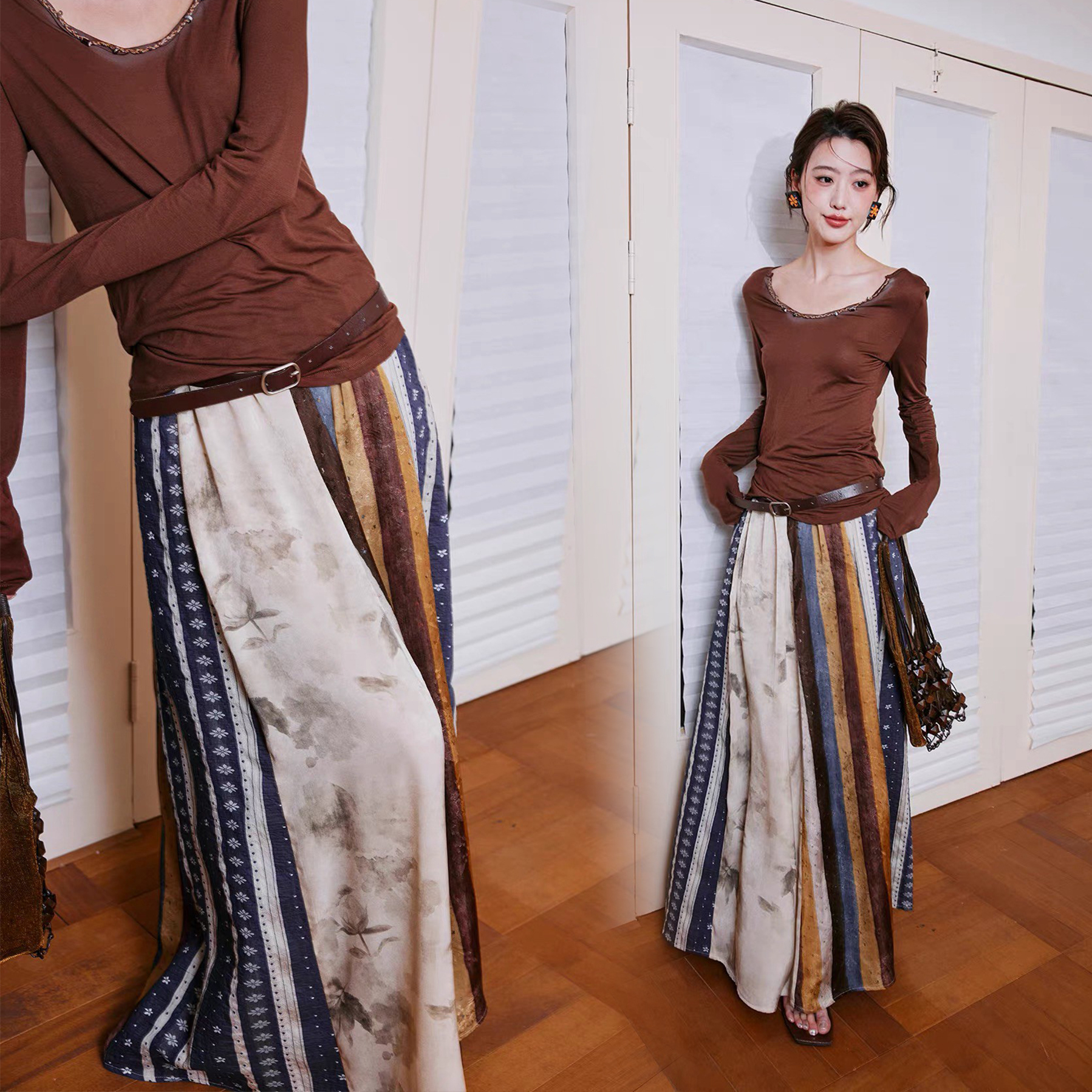 波希米亞彩色條紋拼接暈染花卉長裙-XS-M (Elegant & Love)