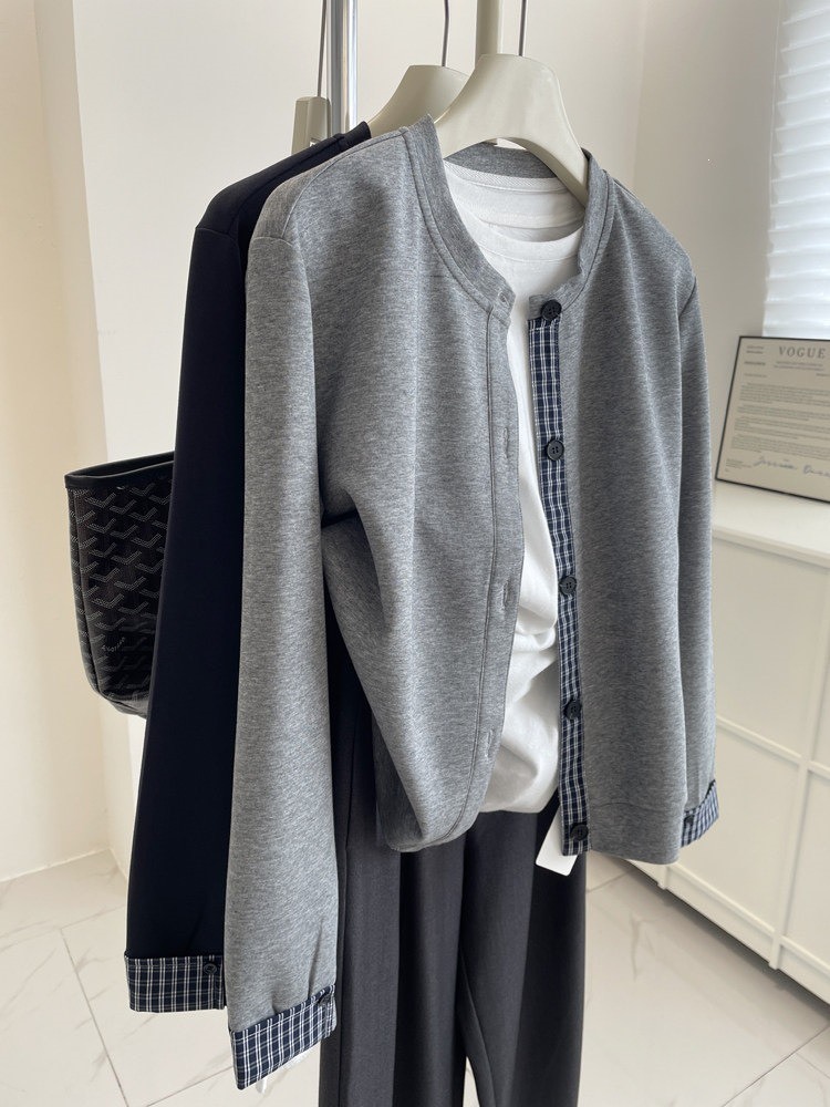 No.4164 格紋拼接空氣層圓領外套