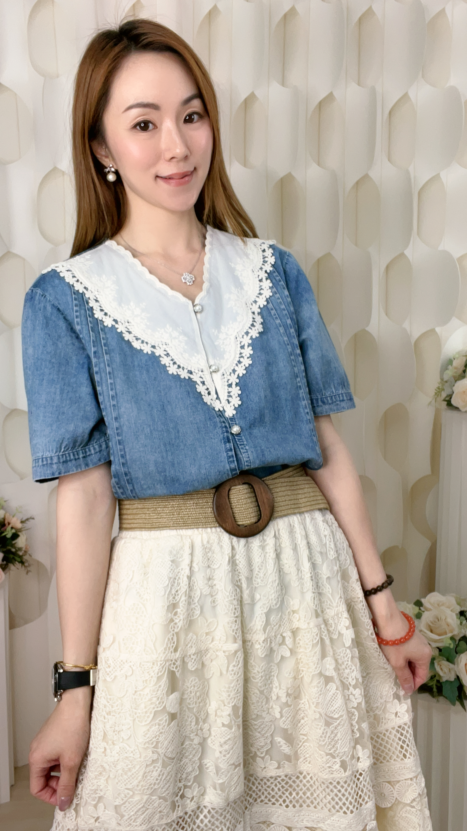 鈕釦LACE拼軟牛仔上衣(L:胸40/XL:42吋 )7193 #1404clo