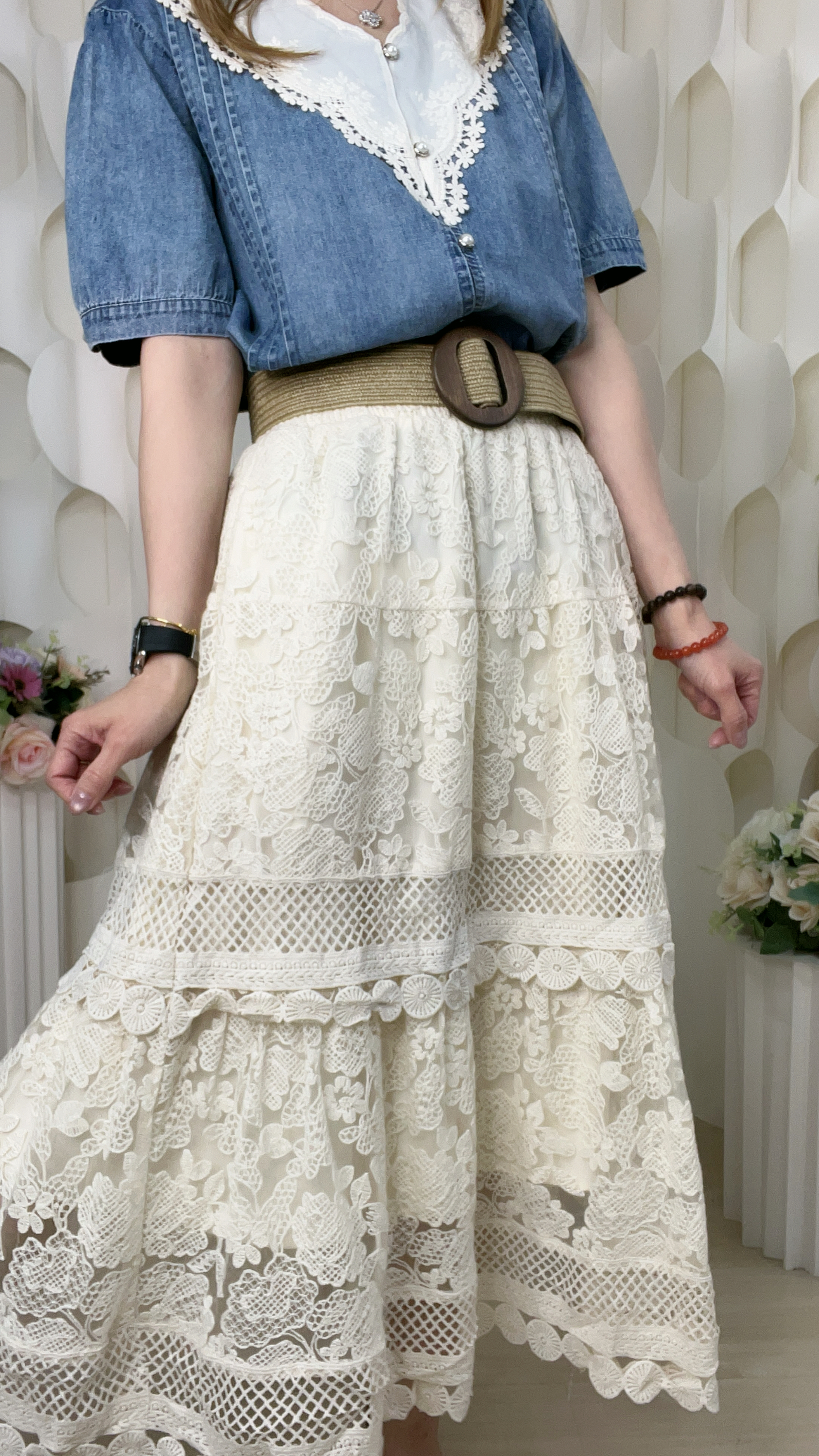 雙層橡筋腰雪紗刺綉半截裙(腰26-38 臀48 長32吋 )3827 #1404clo