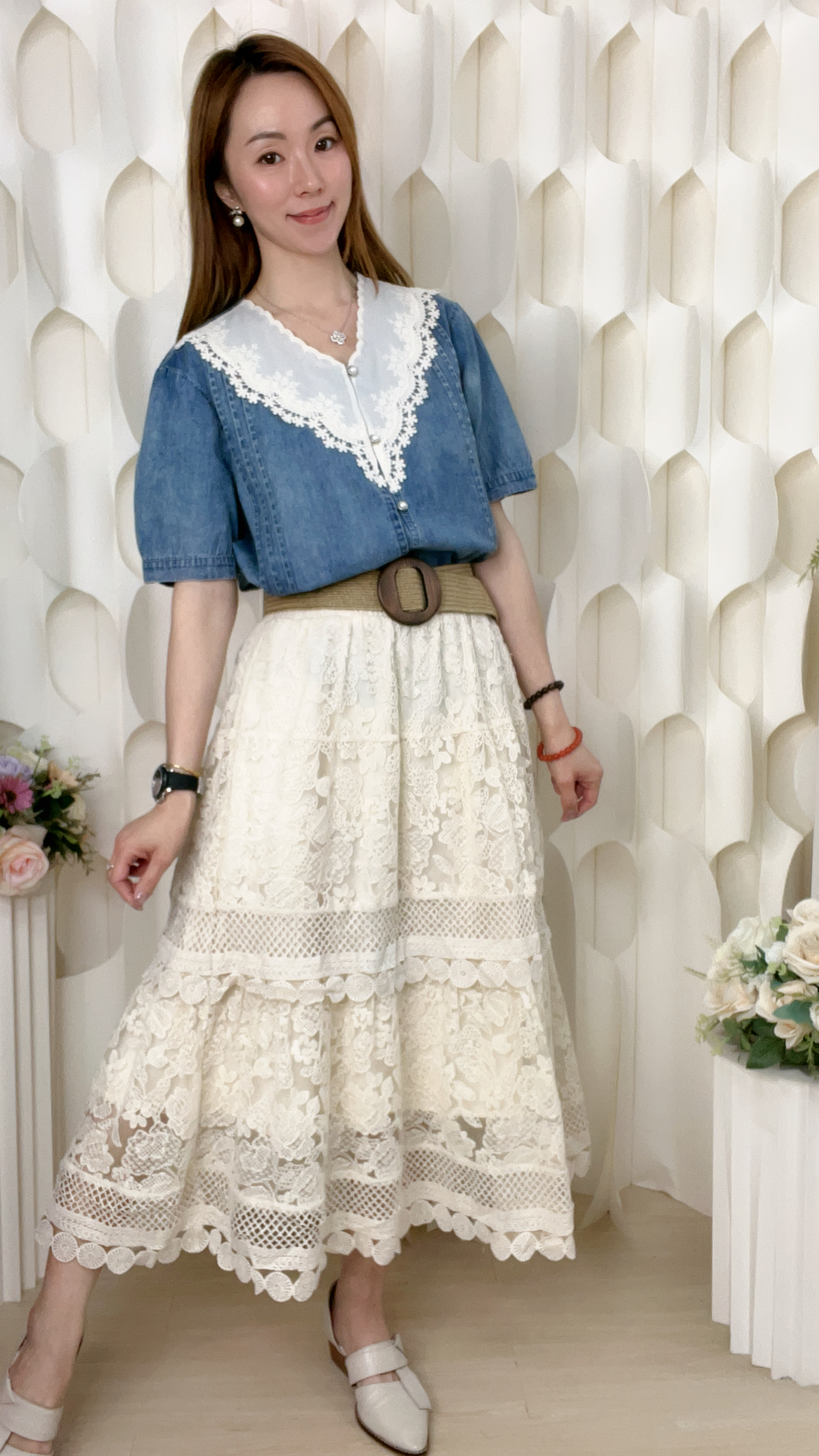 雙層橡筋腰雪紗刺綉半截裙(腰26-38 臀48 長32吋 )3827 #1404clo