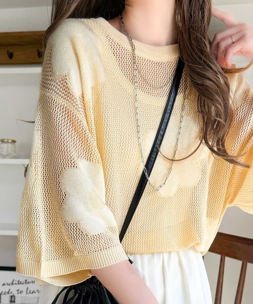 日本🇯🇵連線 Classical Elf 花卉圖案緹花網眼針織衫 透膚 針織衫 花卉 外搭 針織 3色(任買兩件711免運)/預購