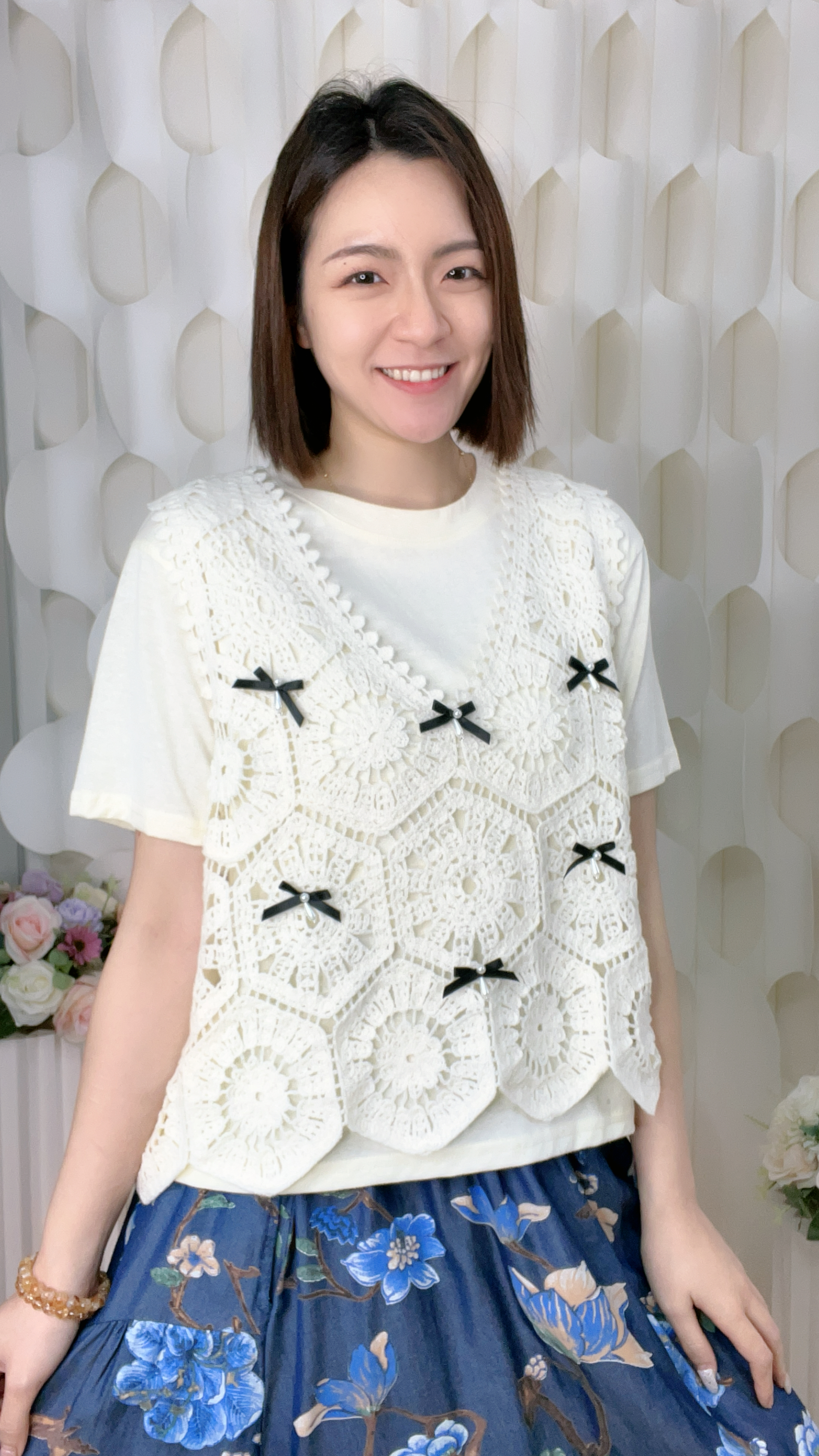 珍珠蝴蝶結針織背心拼滑身棉兩件套(L TEE:40背:42/ XL TEE:42背:44吋)7208 #1404clo