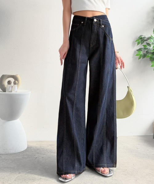 日本🇯🇵連線 Mily Bilet 不對稱腰部設計撞色線條牛仔褲 不對稱 寬褲 牛仔褲 落地褲 長褲 直筒褲 闊腿褲 2色(任買兩件711免運)/預購