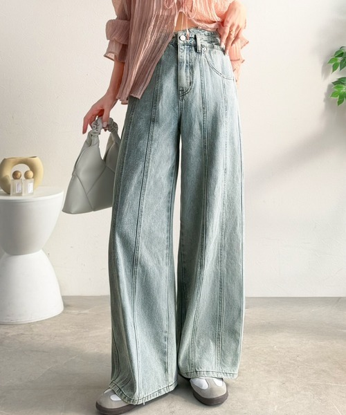 日本🇯🇵連線 Mily Bilet 不對稱腰部設計撞色線條牛仔褲 不對稱 寬褲 牛仔褲 落地褲 長褲 直筒褲 闊腿褲 2色(任買兩件711免運)/預購