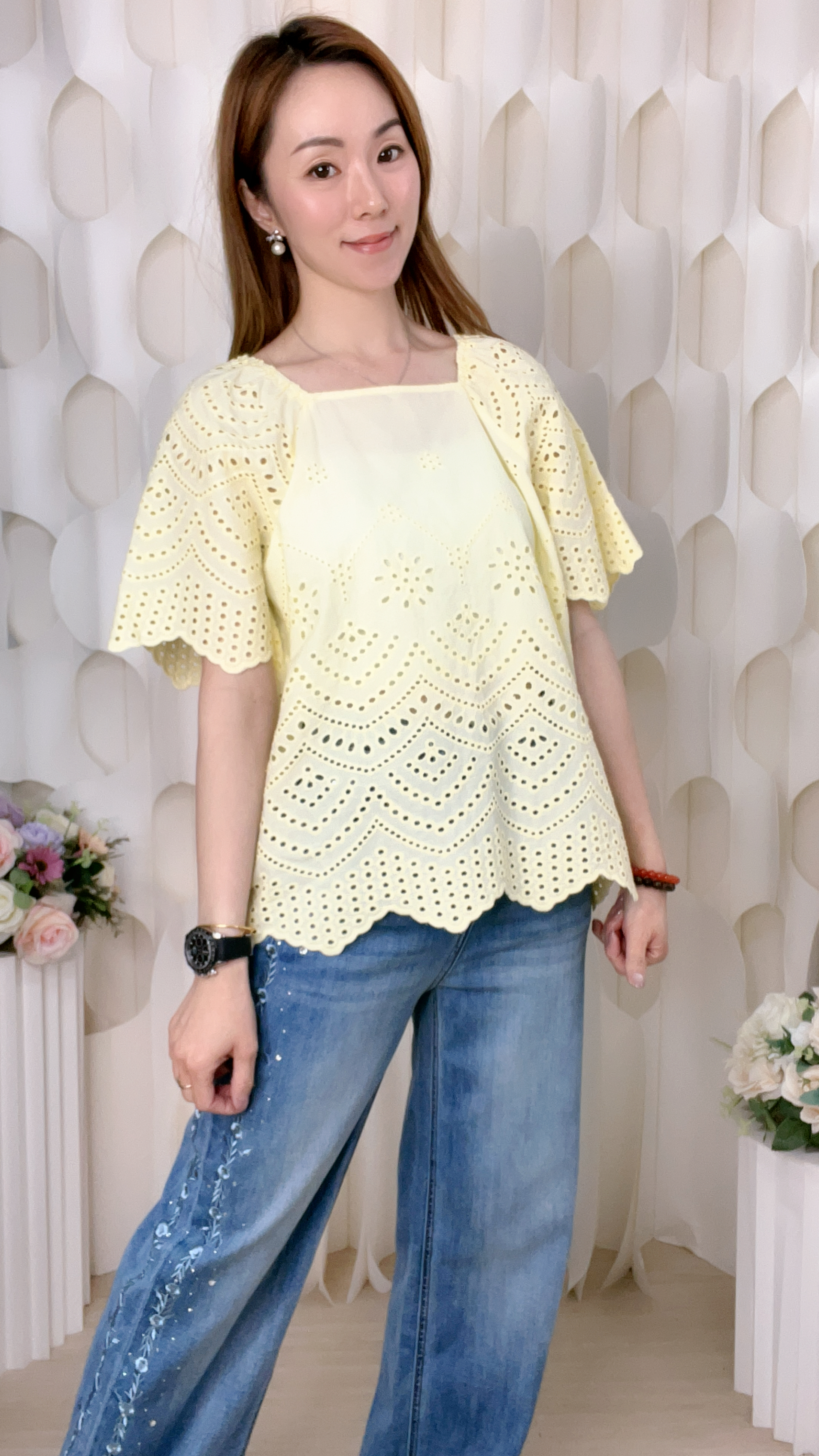 通花棉質方領上衣(胸42 腰42 長24吋)7550 #1404clo