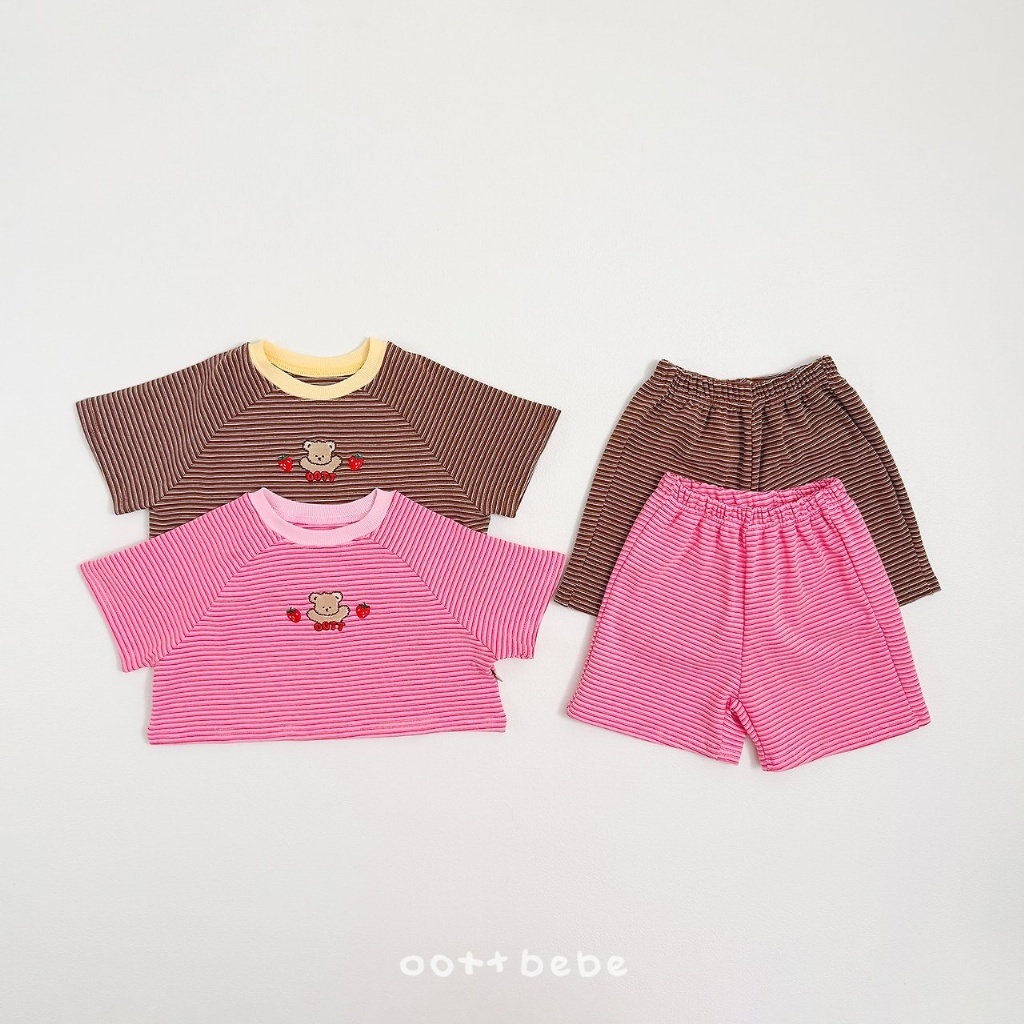 正韓夏OOTT BeBe 草莓條紋熊套裝