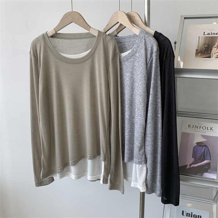 No.1688 天絲棉假兩件薄款圓領上衣