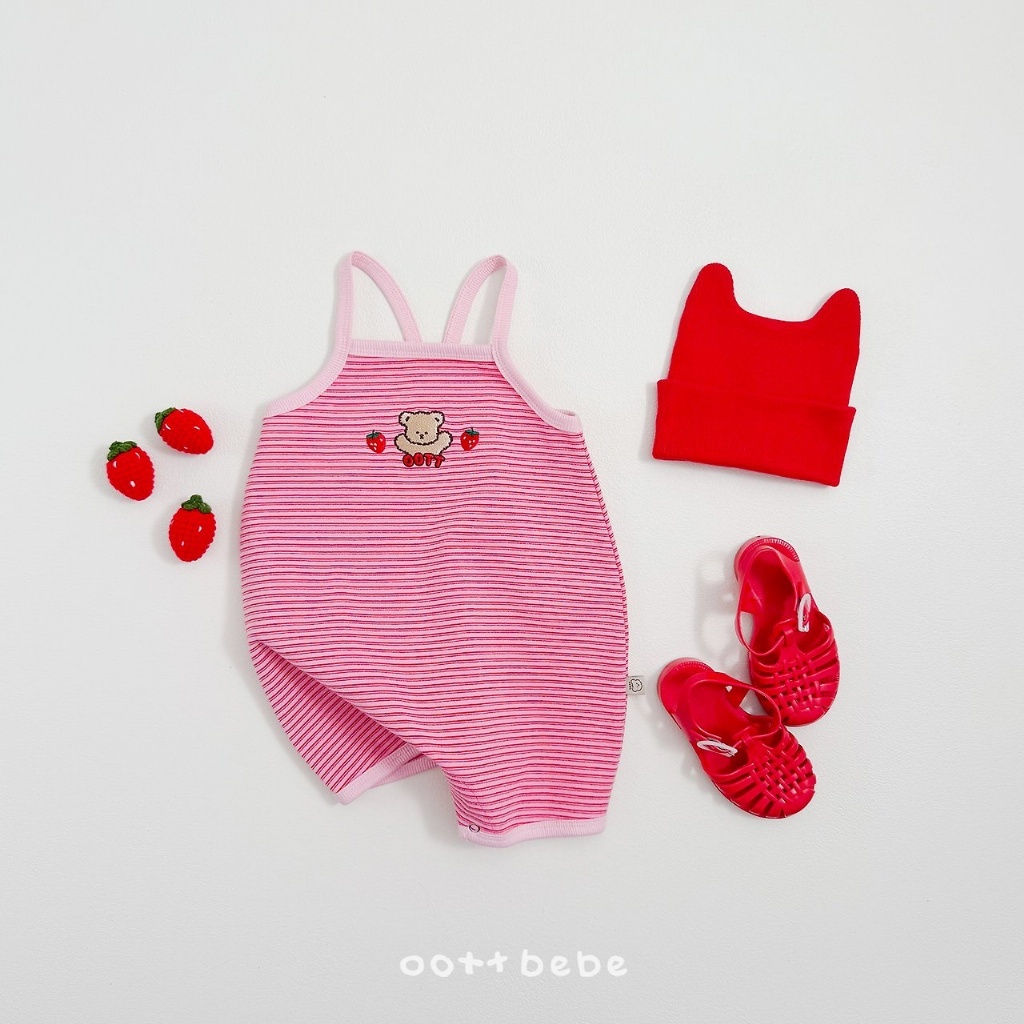 正韓夏oottbebe 嫩嬰草莓條紋包屁衣